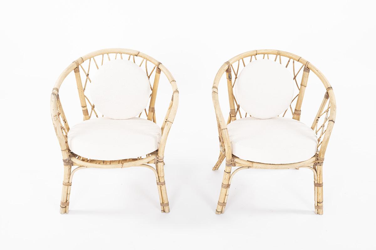 French Rattan Armchairs with Beige Boucle Fabric, 1950 3