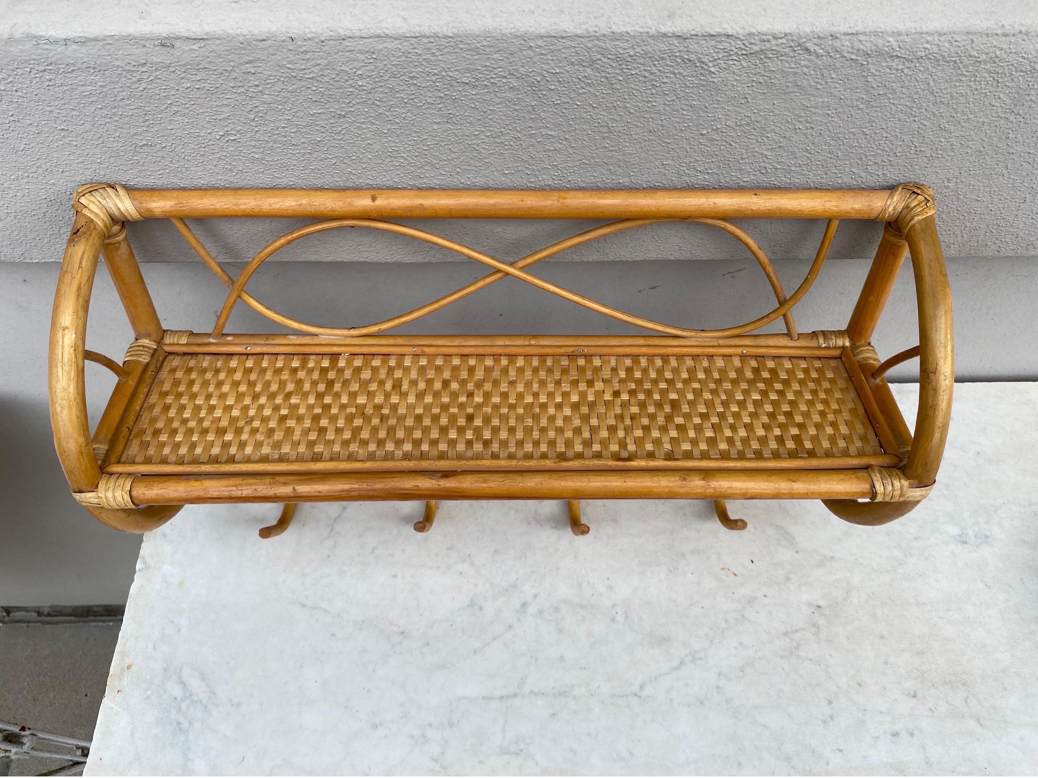 Mid-Century Modern French Rattan & Bamboo Coat Rack With Shelf circa 1950 For Sale
