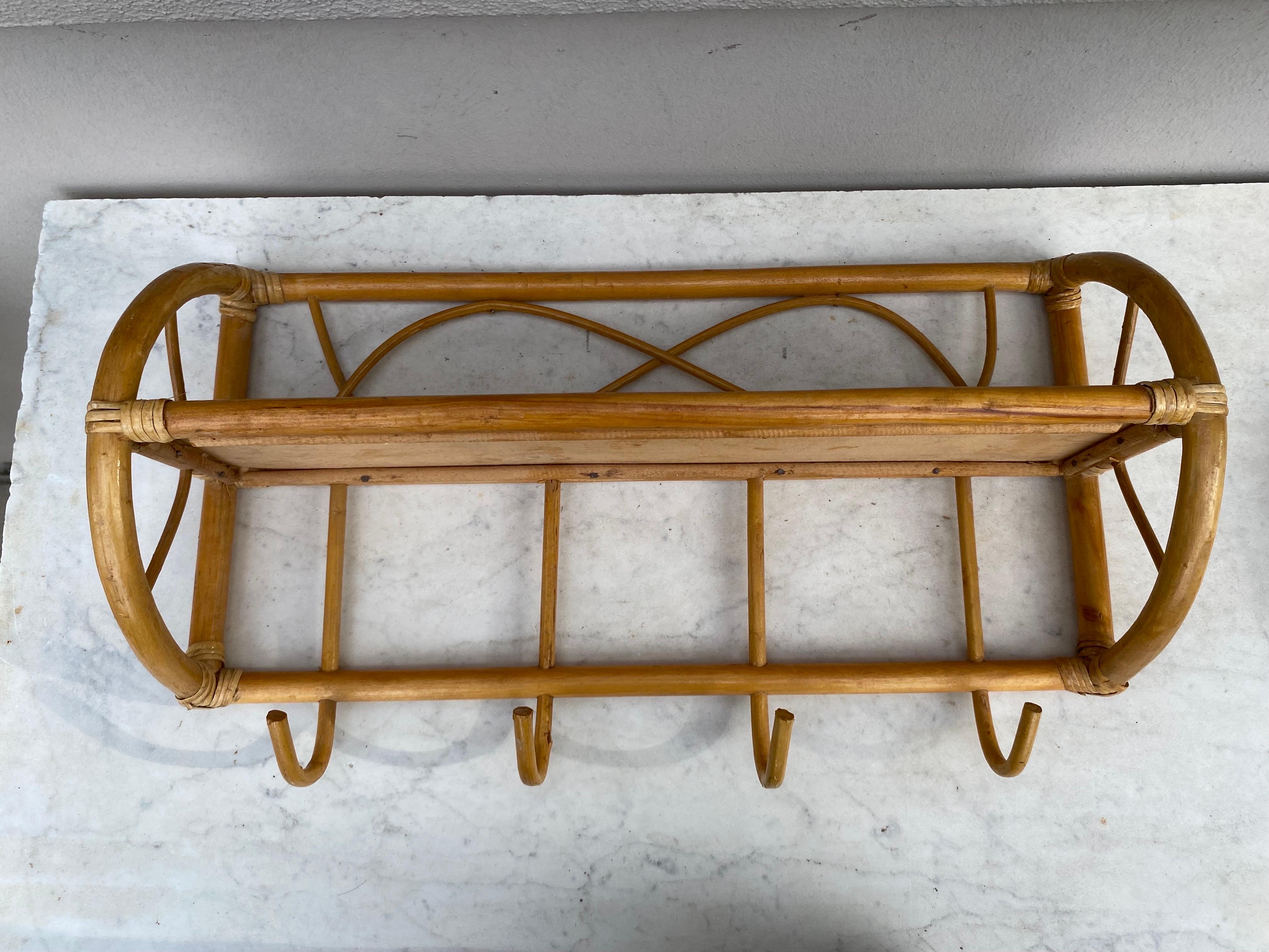 French Rattan & Bamboo Coat Rack With Shelf circa 1950 In Good Condition For Sale In Austin, TX