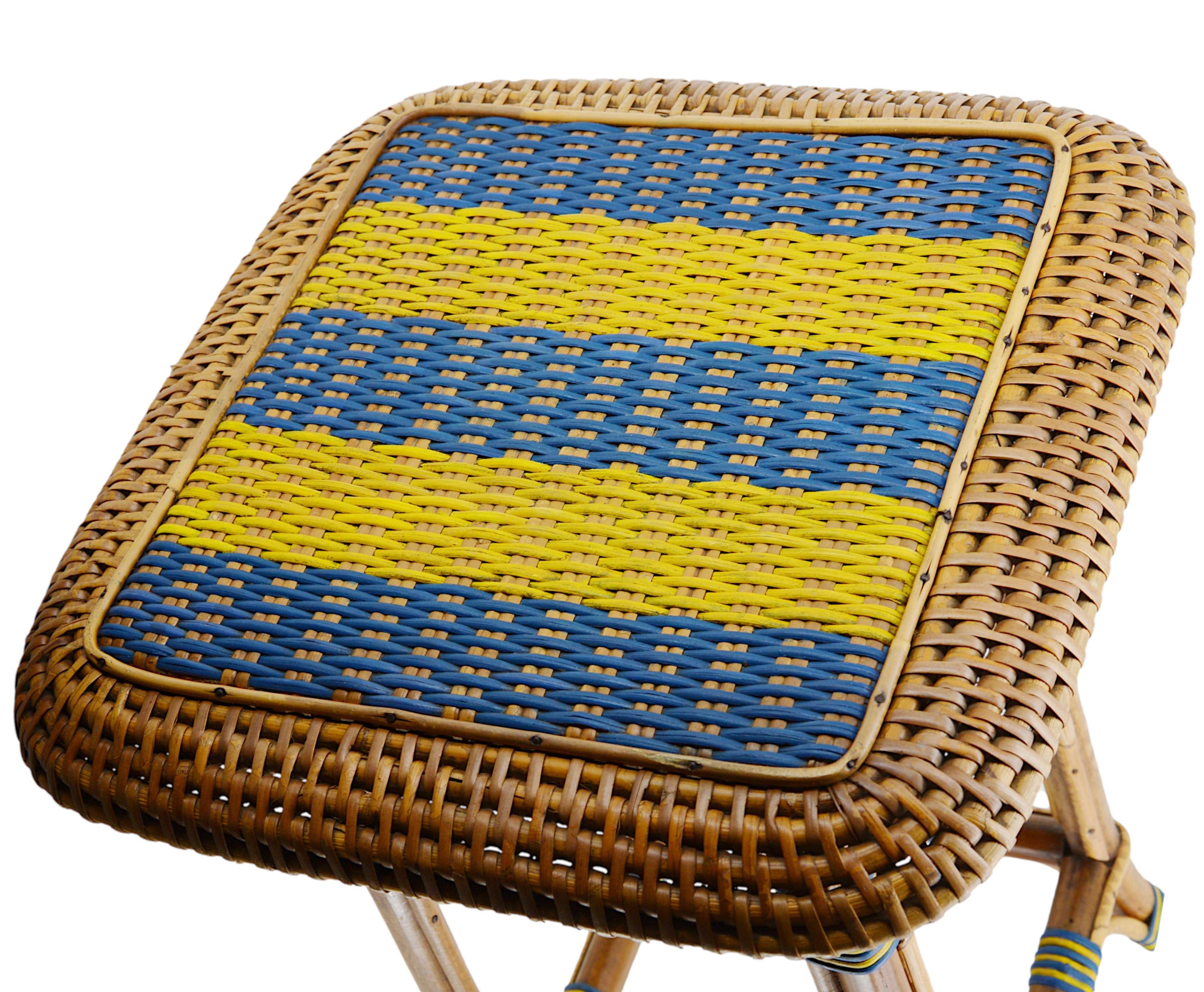 Bamboo and rattan coffee table, France, Early 20th century. Blue & yellow. Measures: Height : 28