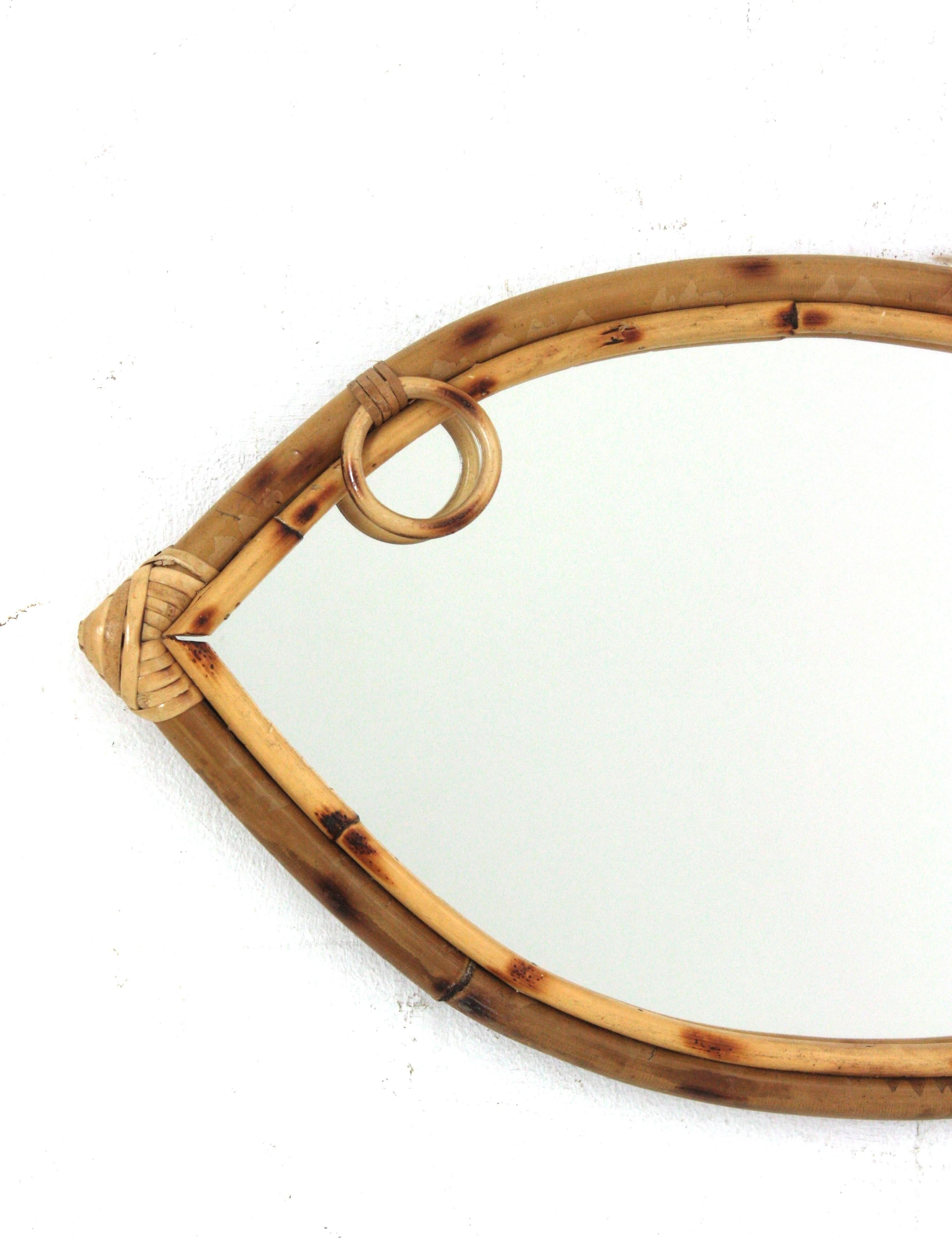 Mid-Century Modern French Rattan Bamboo Fish Shaped Mirror, 1960s   For Sale