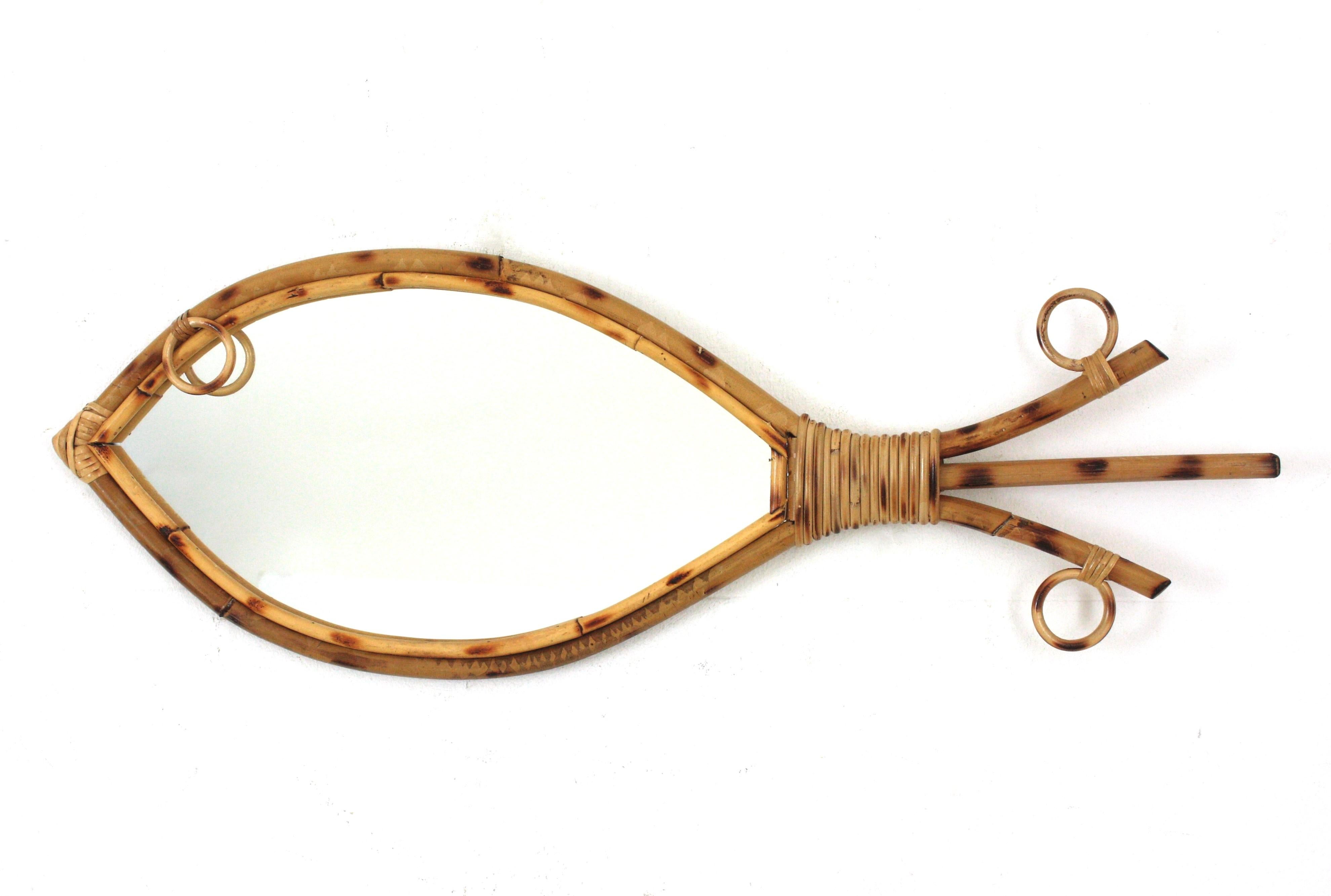 French Rattan Bamboo Fish Shaped Mirror, 1960s   In Good Condition For Sale In Barcelona, ES