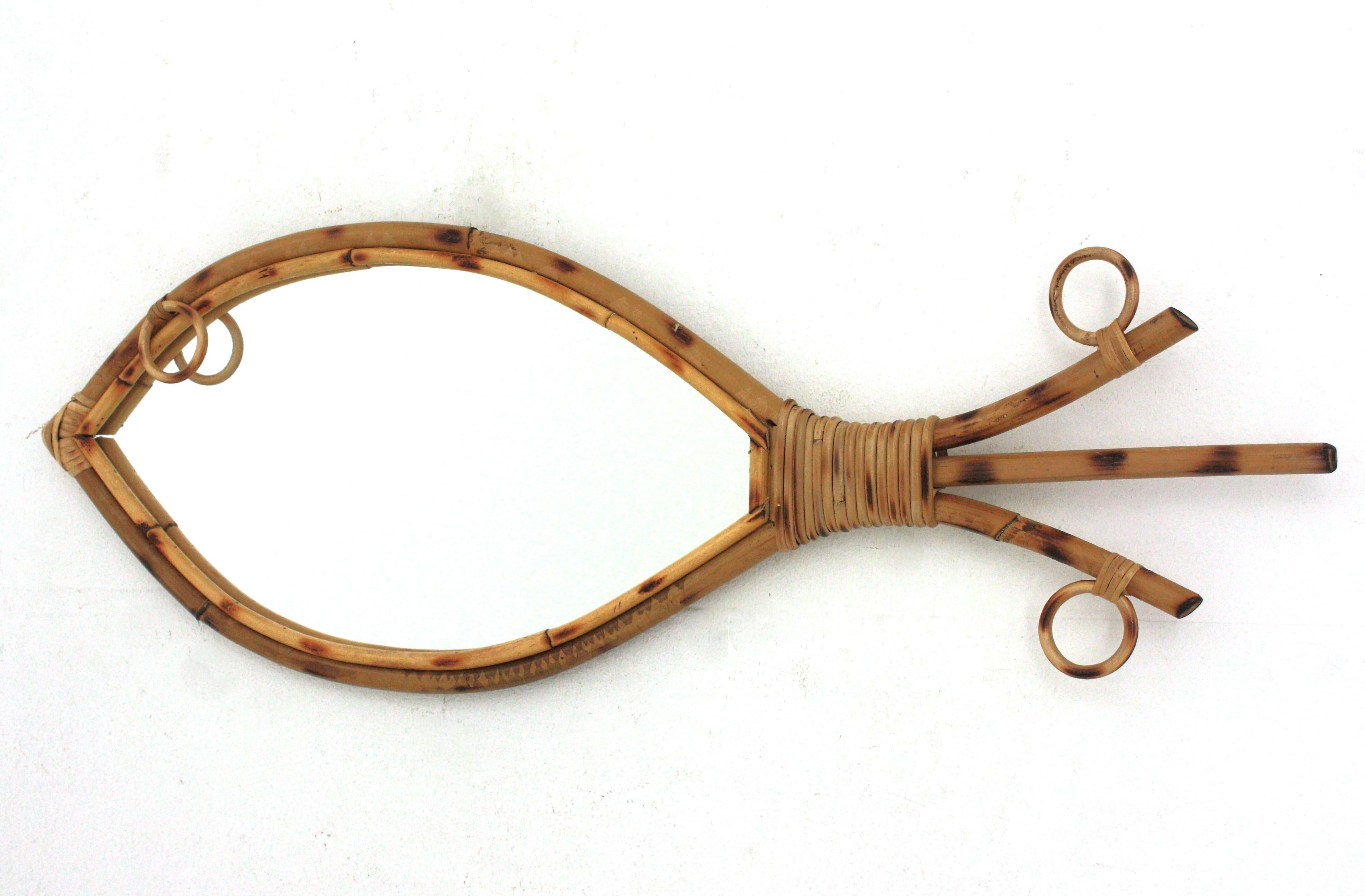 20th Century French Rattan Bamboo Fish Shaped Mirror, 1960s   For Sale