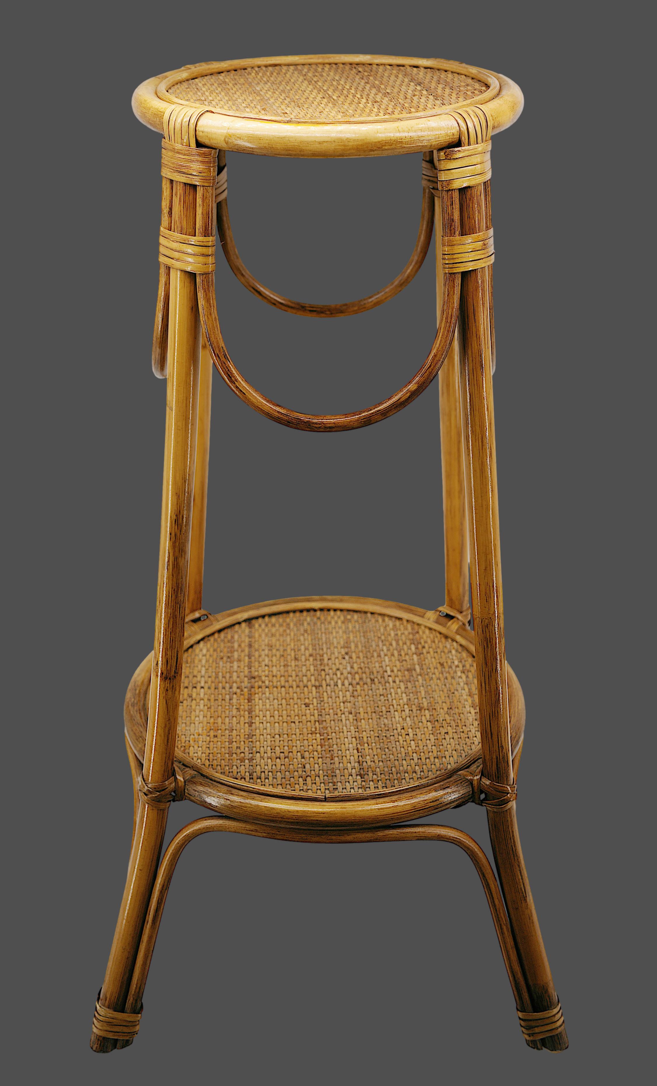 Bamboo and rattan harness table, France, 1950s. Bamboo, rattan & caning. Two caned trays.  Height : 29.5