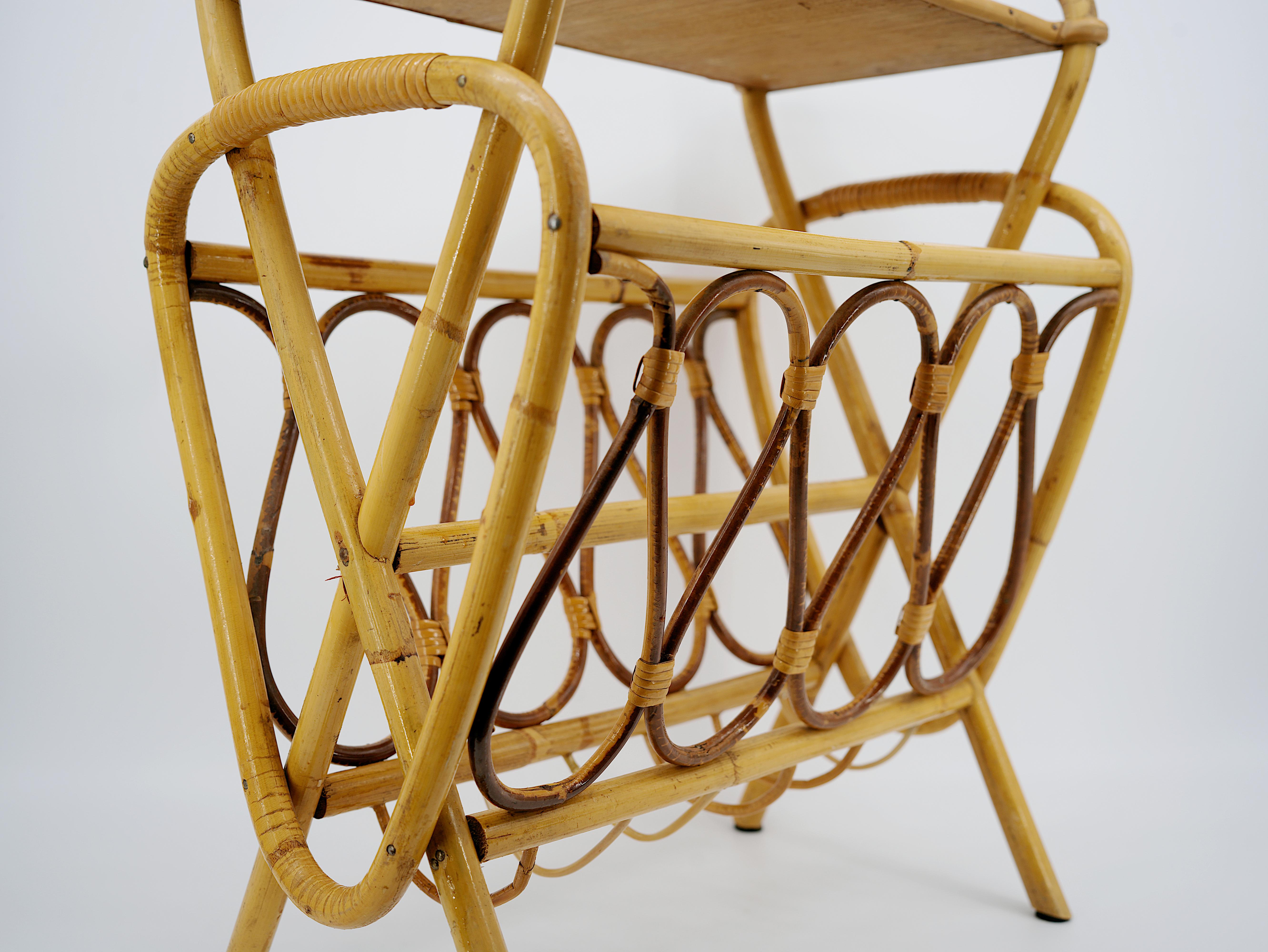 Mid-20th Century French Rattan & Bamboo Magazine Rack Side Table, 1950s For Sale