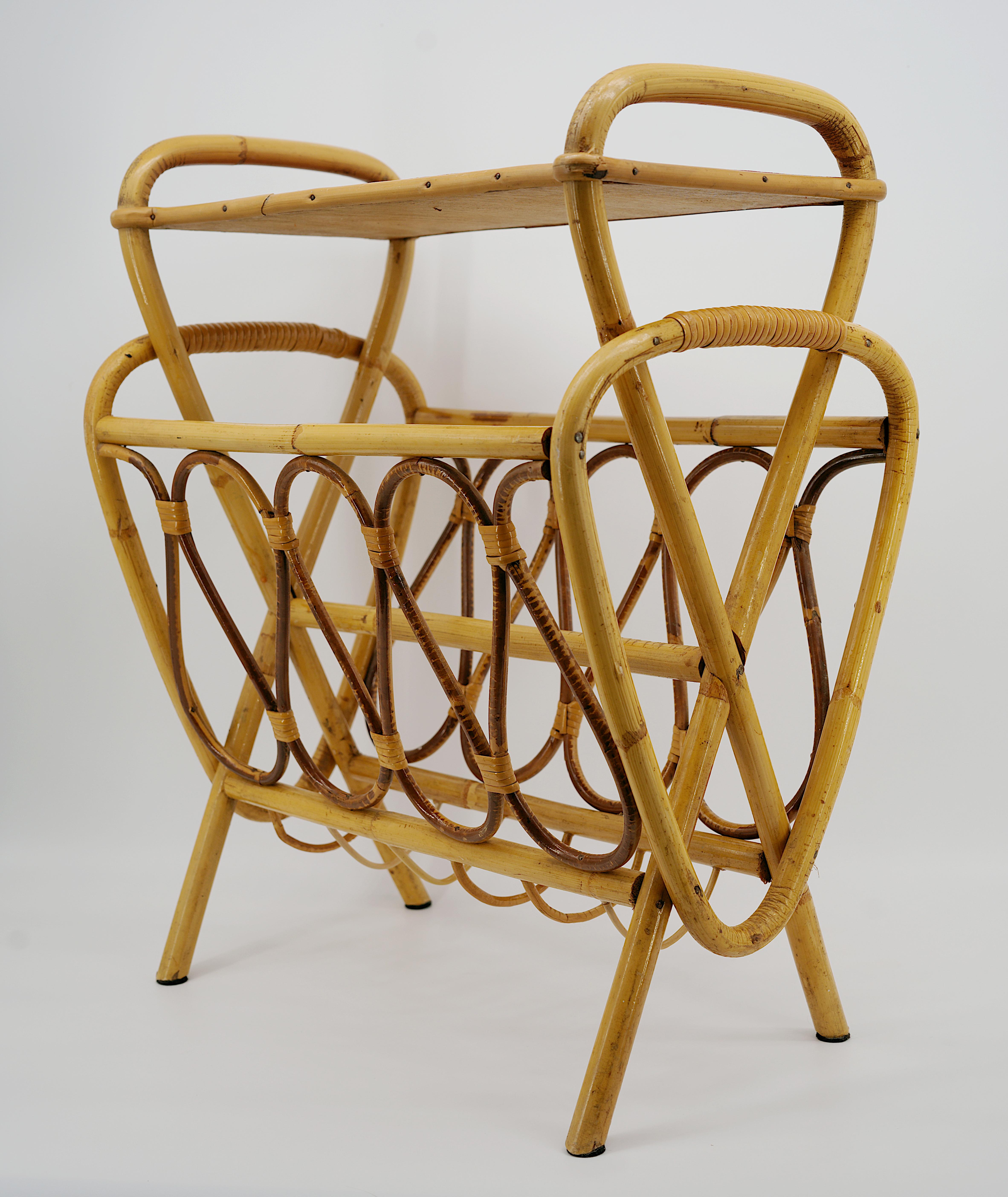 Mid-20th Century French Rattan & Bamboo Magazine Rack Side Table, 1950s For Sale