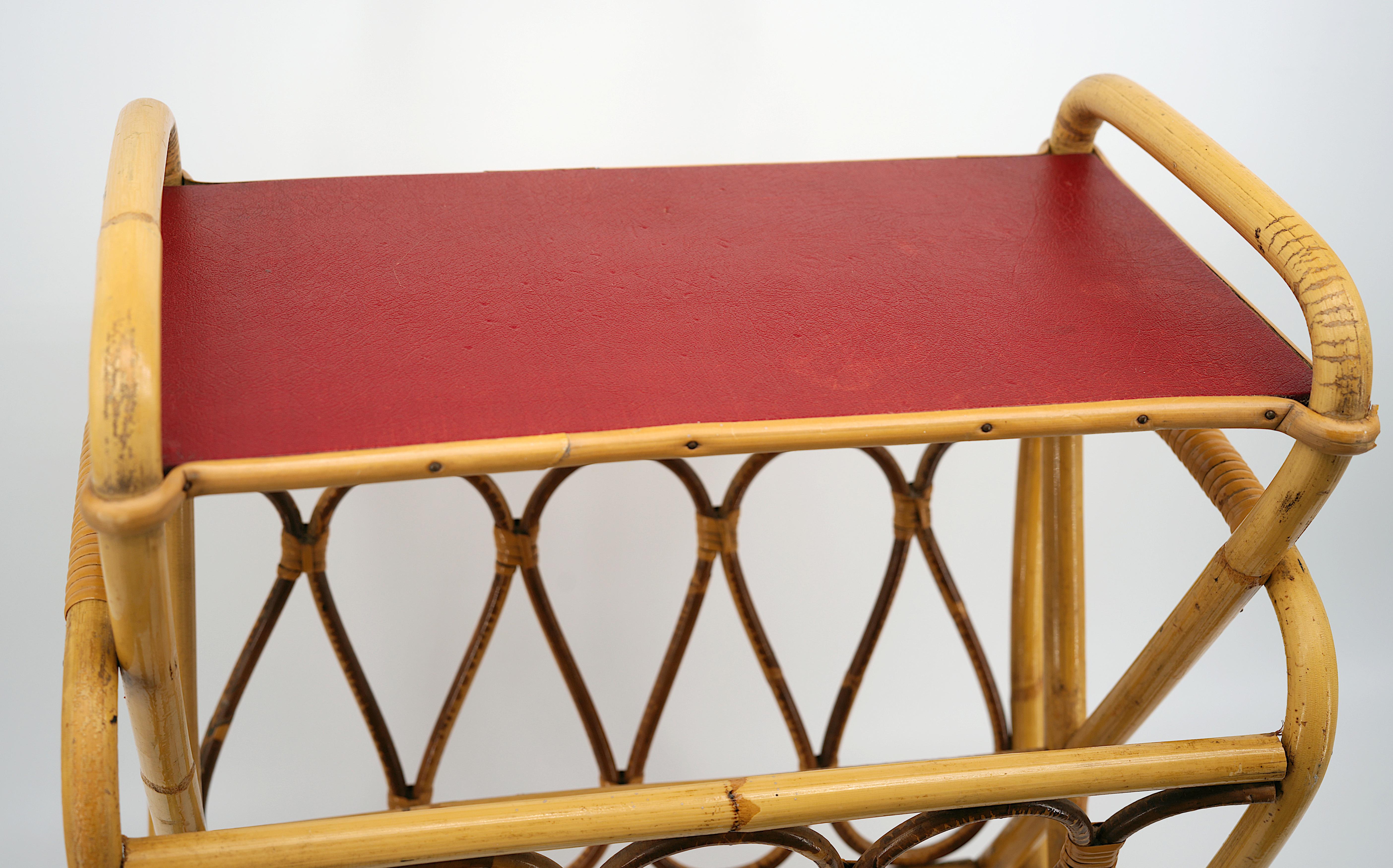 Faux Leather French Rattan & Bamboo Magazine Rack Side Table, 1950s For Sale