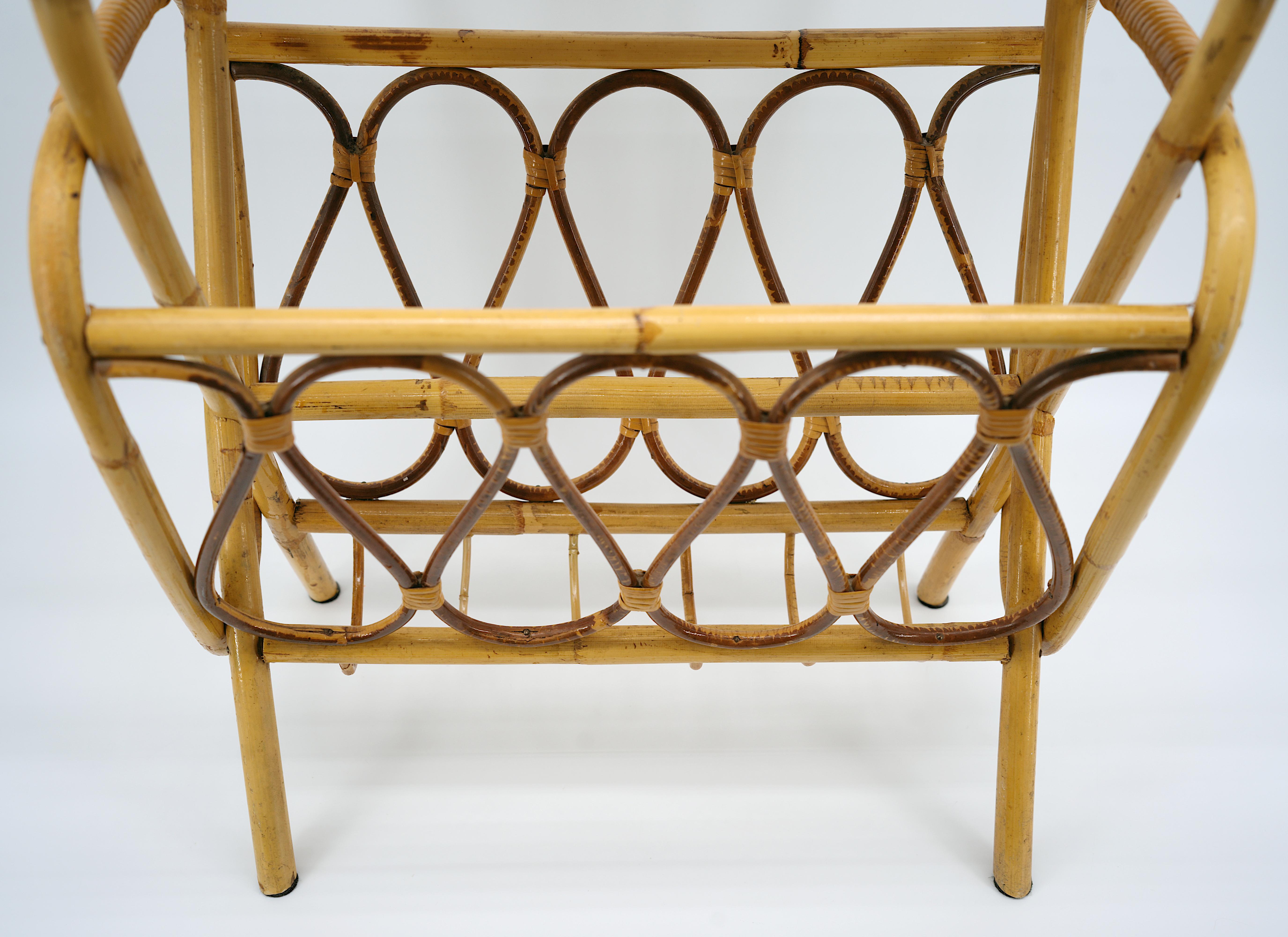 French Rattan & Bamboo Magazine Rack Side Table, 1950s For Sale 1