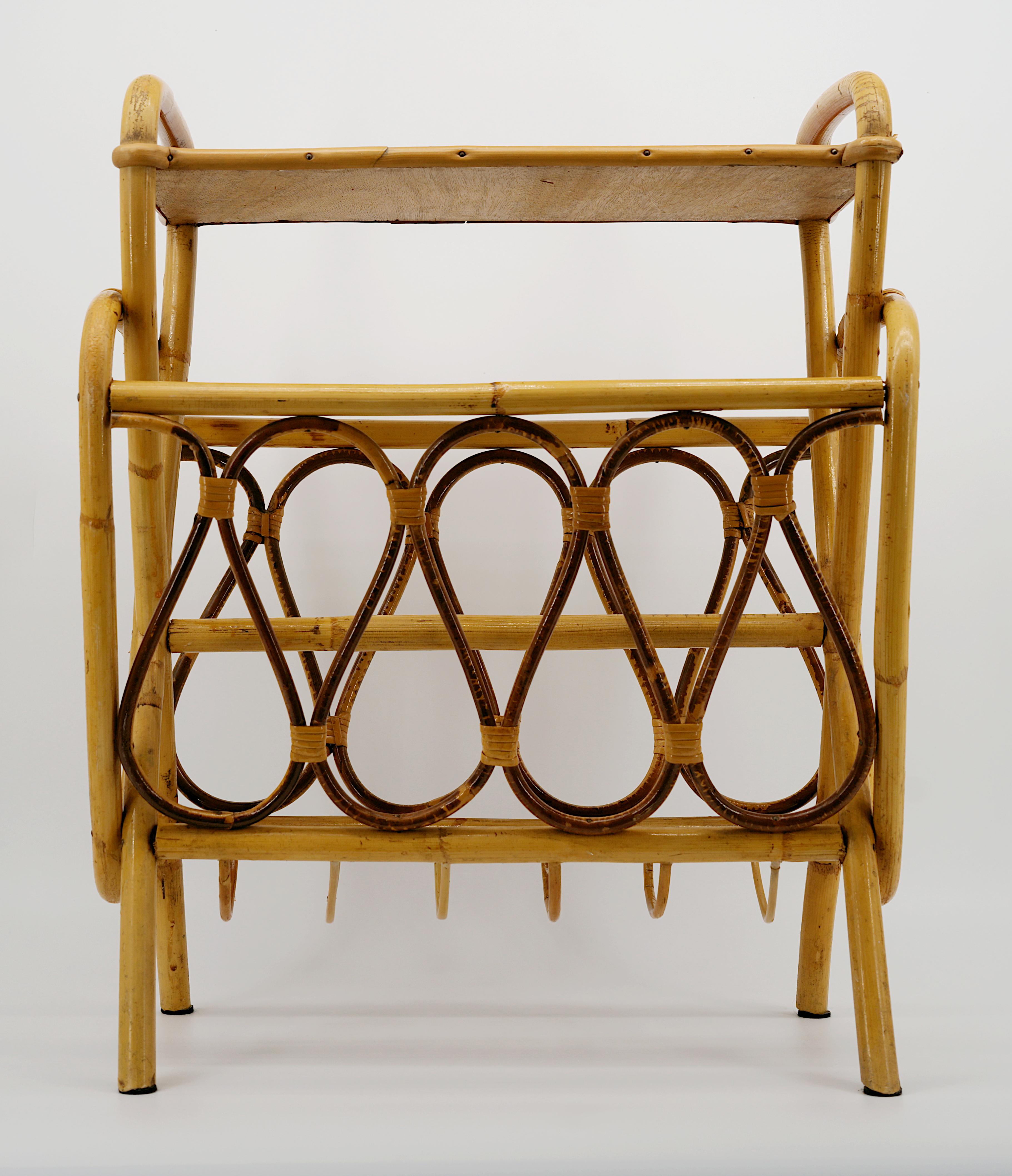 French Rattan & Bamboo Magazine Rack Side Table, 1950s For Sale 2