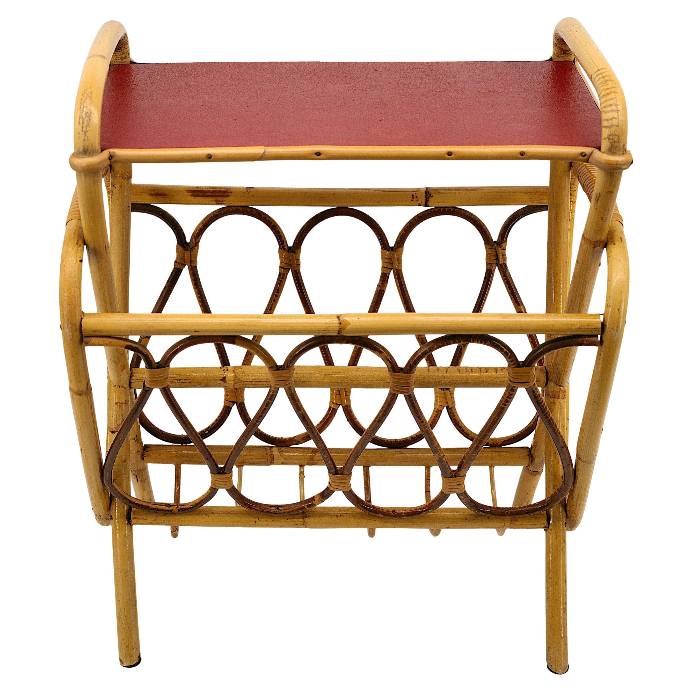 French Rattan & Bamboo Magazine Rack Side Table, 1950s For Sale