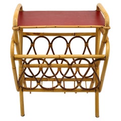 French Rattan & Bamboo Magazine Rack Side Table, 1950s