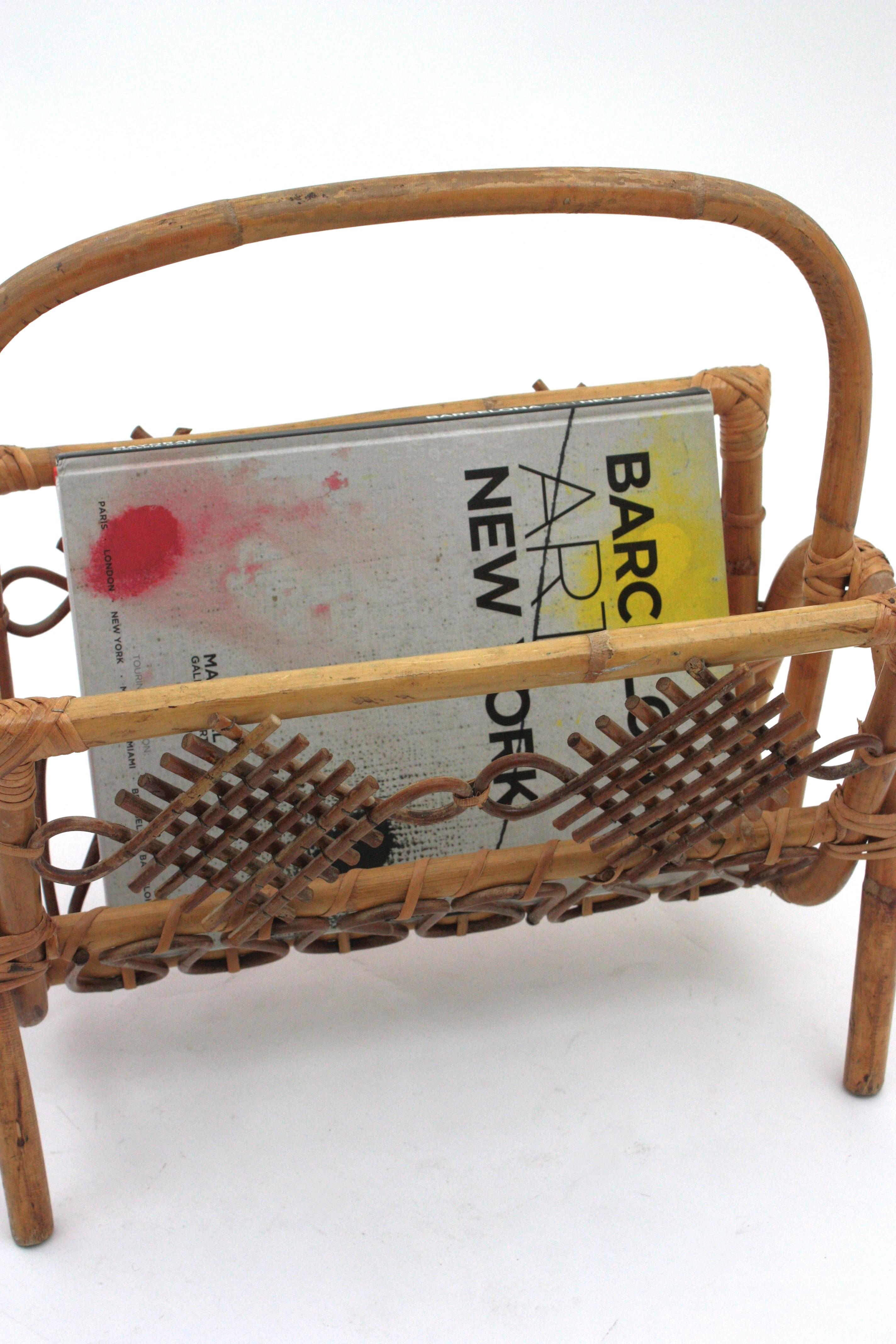 French Rattan Bamboo Magazine Rack with Chinoiserie Details, 1960s For Sale 3