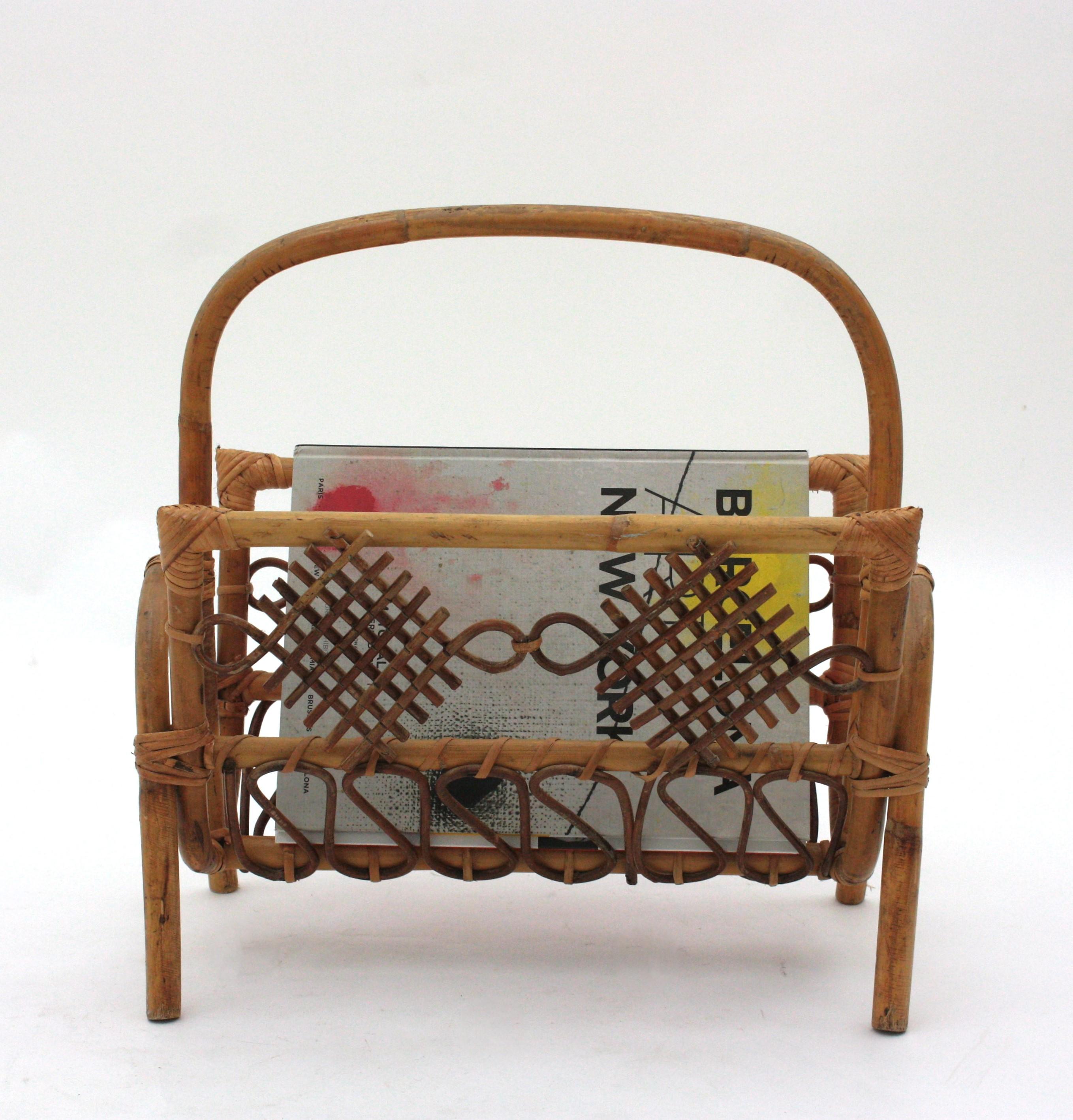French Rattan Bamboo Magazine Rack with Chinoiserie Details, 1960s For Sale 7