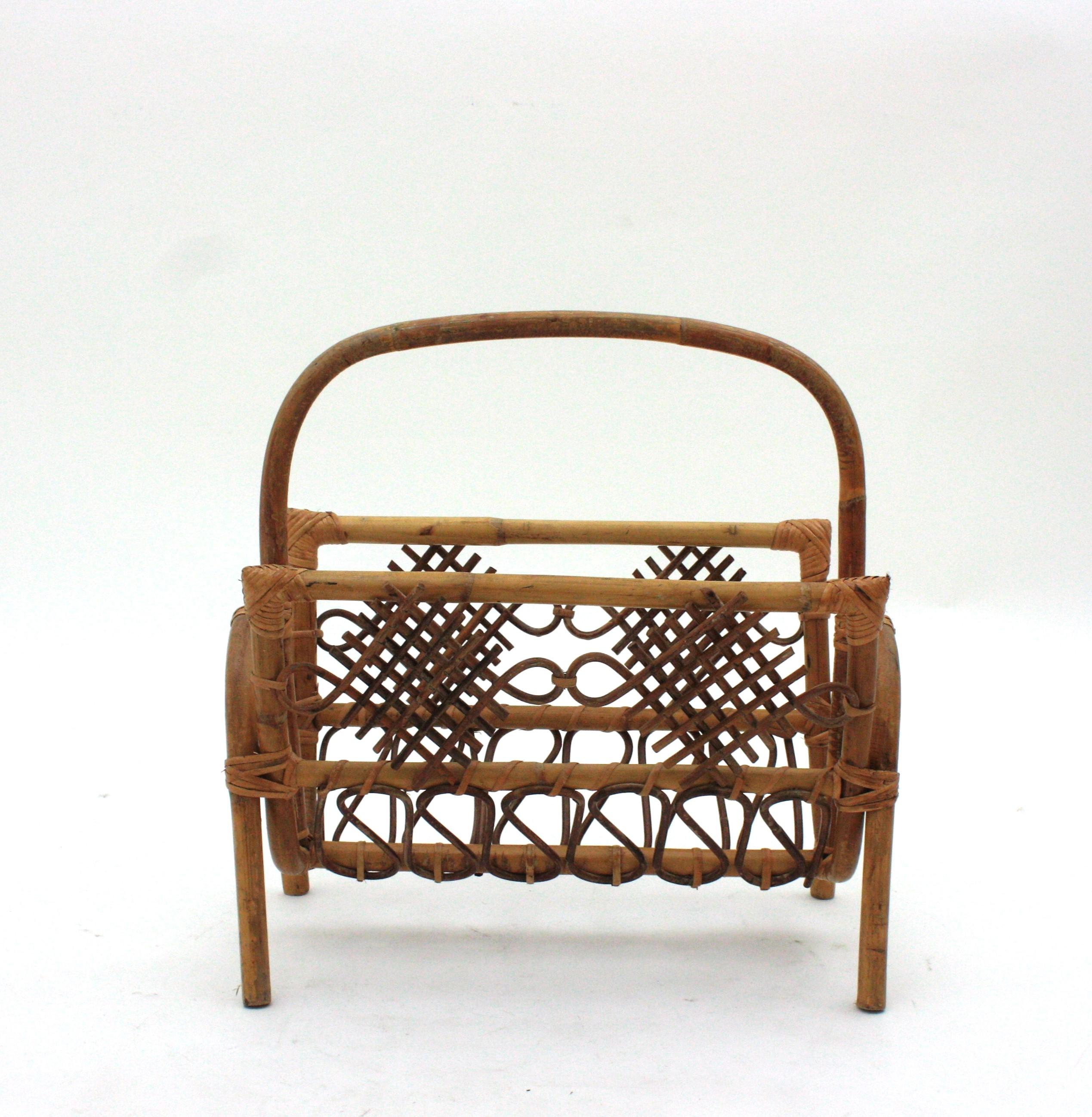 Hand-Crafted French Rattan Bamboo Magazine Rack with Chinoiserie Details, 1960s For Sale