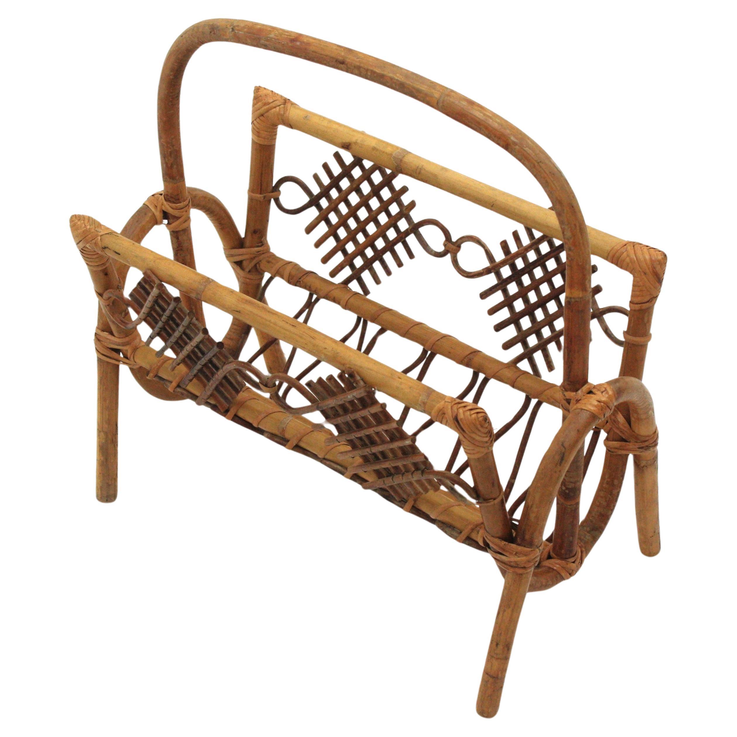 French Rattan Bamboo Magazine Rack with Chinoiserie Details, 1960s For Sale