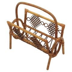 Vintage French Rattan Bamboo Magazine Rack with Chinoiserie Details, 1960s