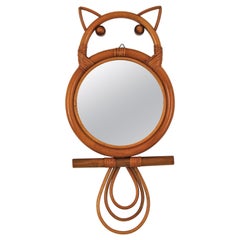 French Rattan Bamboo Owl Shaped Wall Mirror
