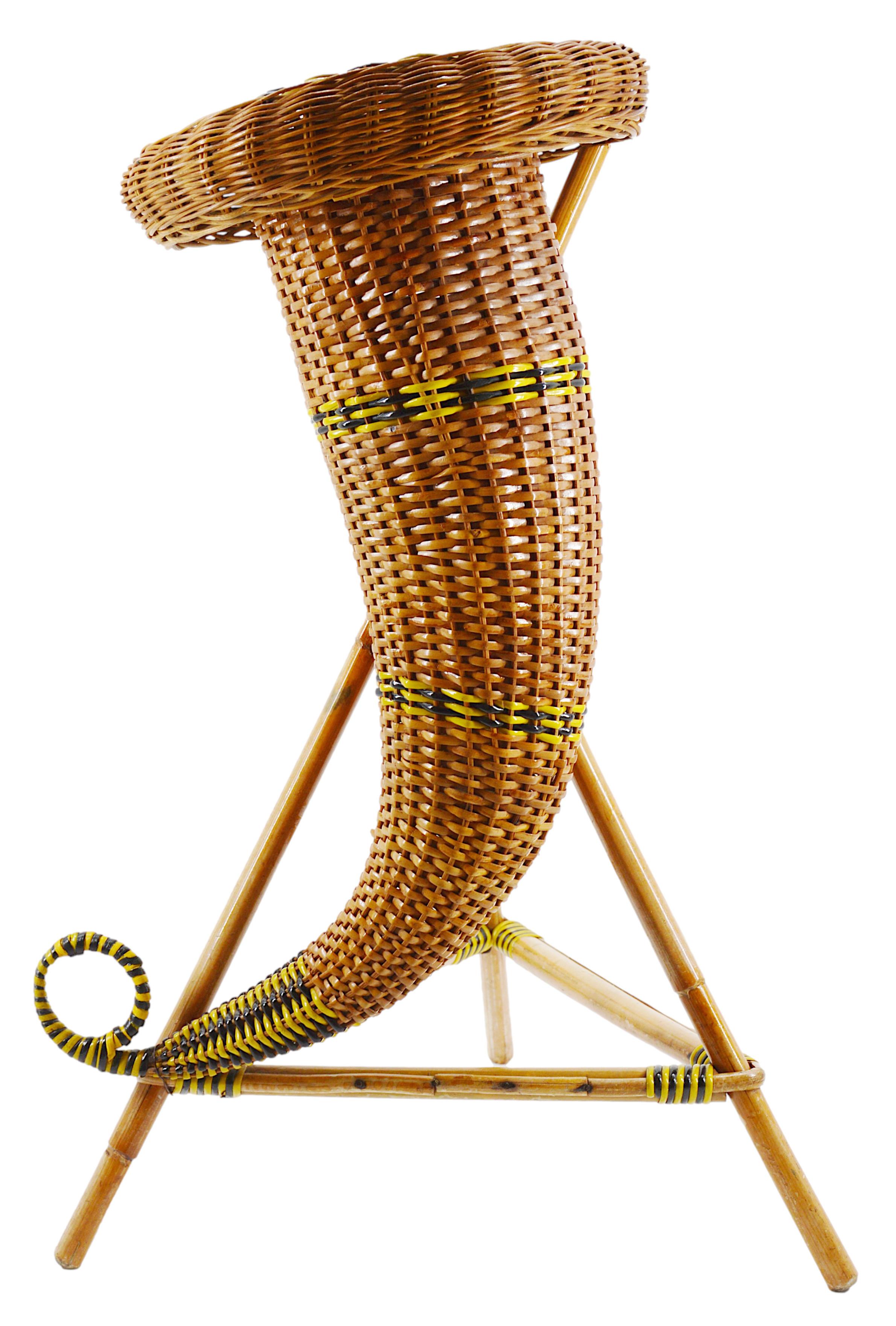 Bamboo & rattan plant stand, France, Early 20th century. Black & yellow. Measures: Height : 32.5