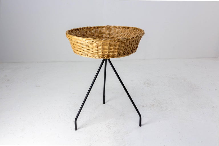 French Rattan Basket Stand Iron Legs Midcentury For Sale at 1stDibs