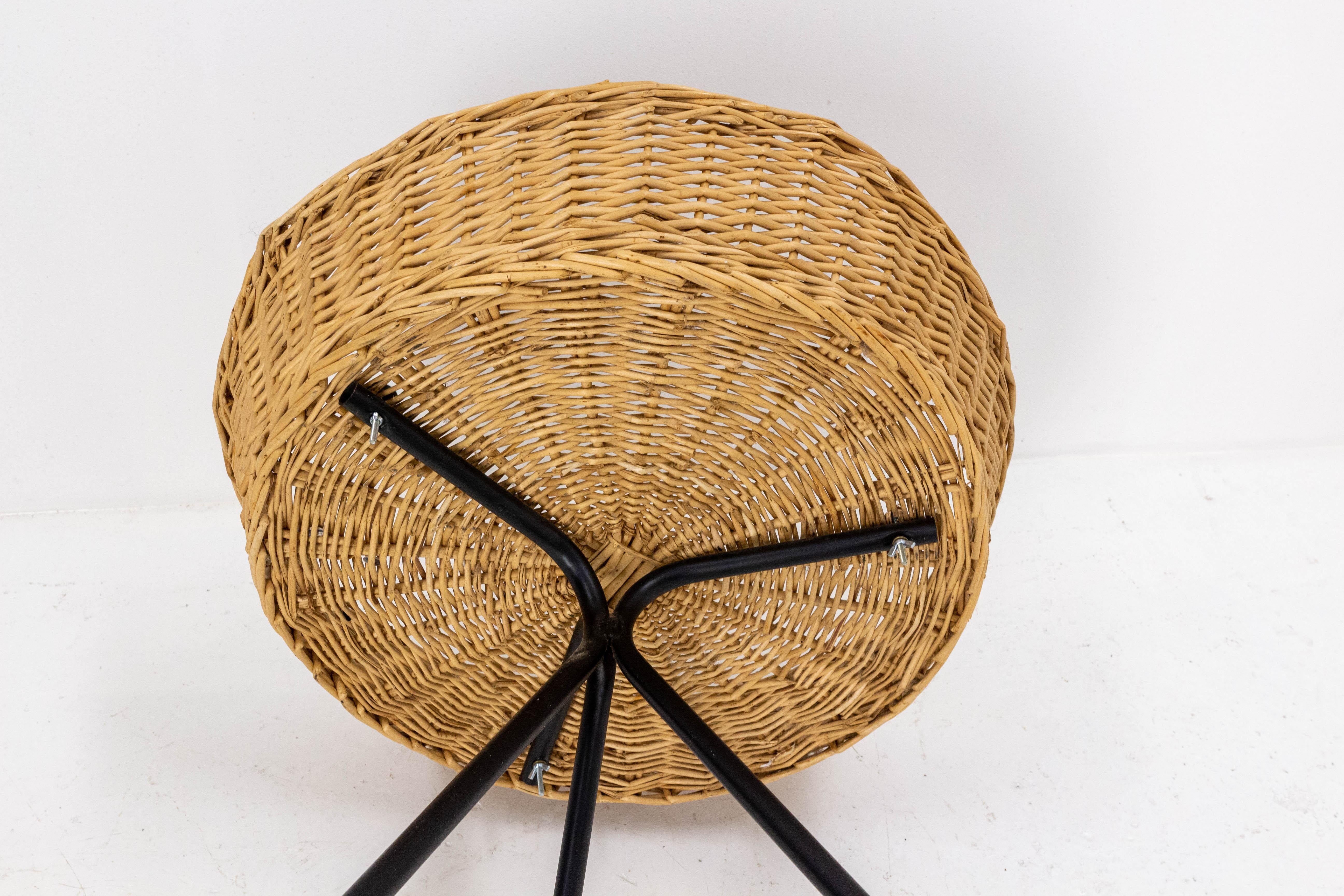 Mid-20th Century French Rattan Basket Stand Iron Legs Midcentury For Sale