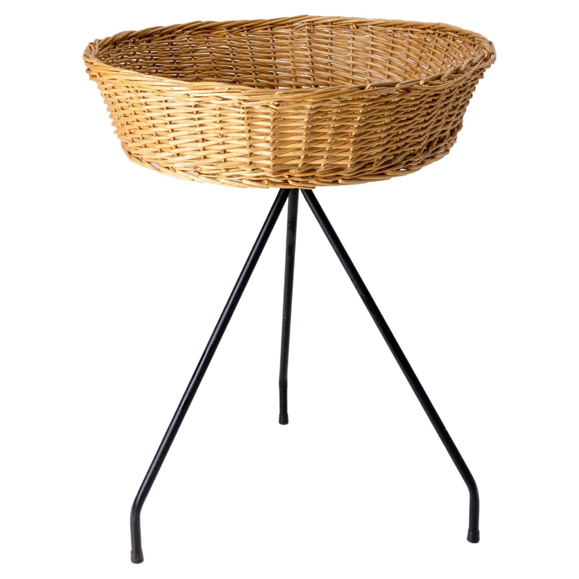 French Rattan Basket Stand Iron Legs Midcentury