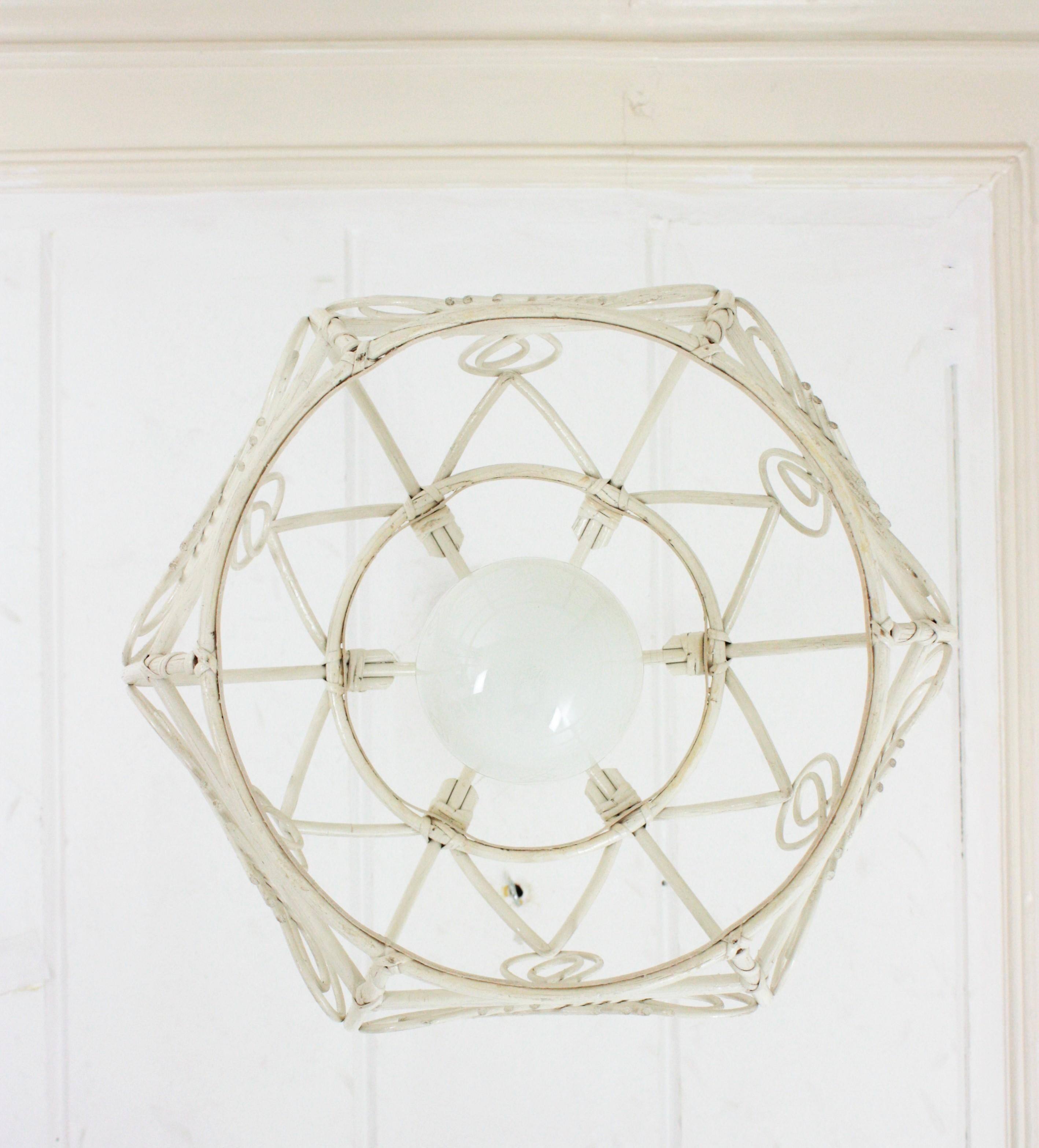 French Rattan Bell Pendant Lamp / Lantern in White Patina, 1960s For Sale 4