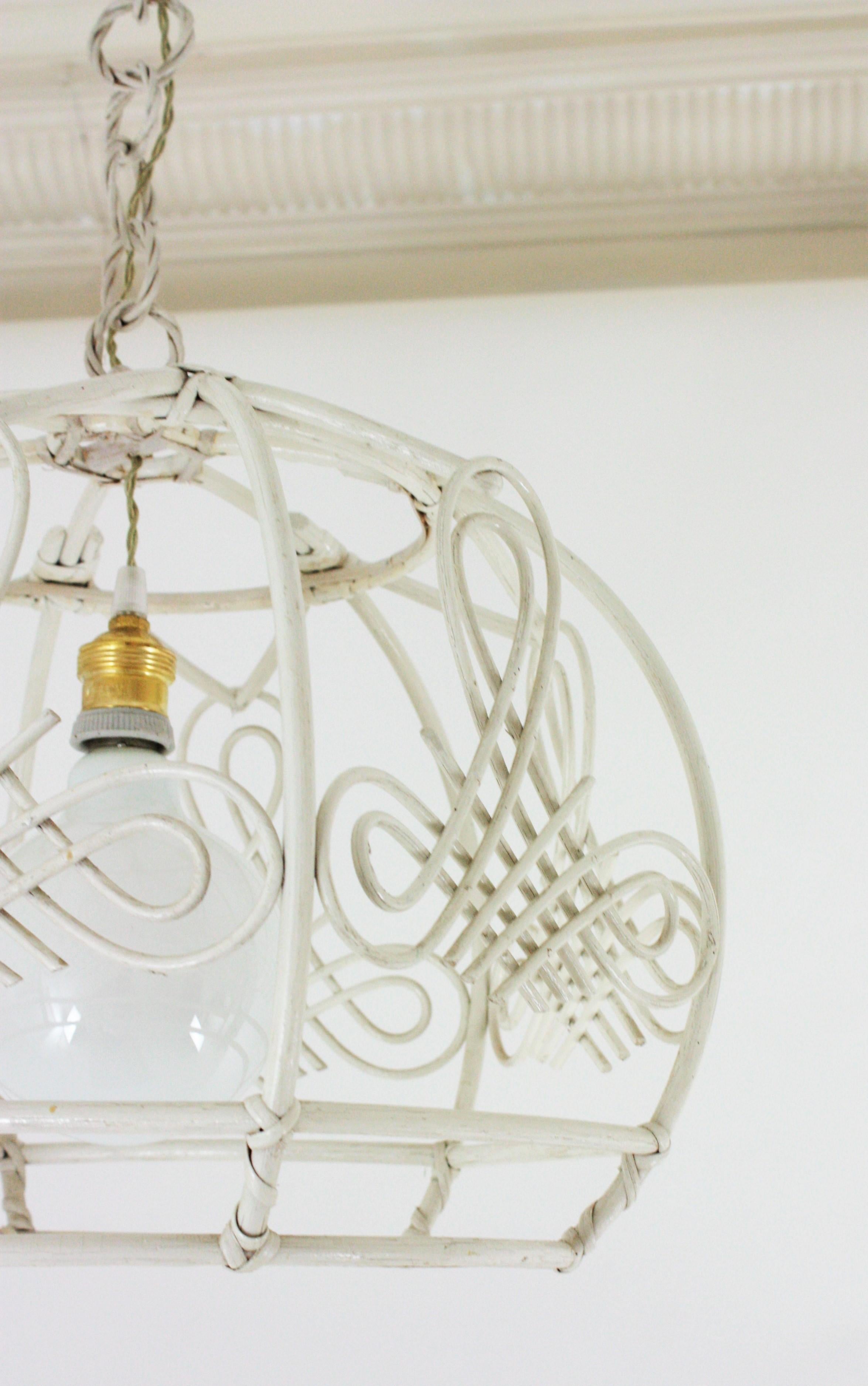 French Rattan Bell Pendant Lamp / Lantern in White Patina, 1960s For Sale 6