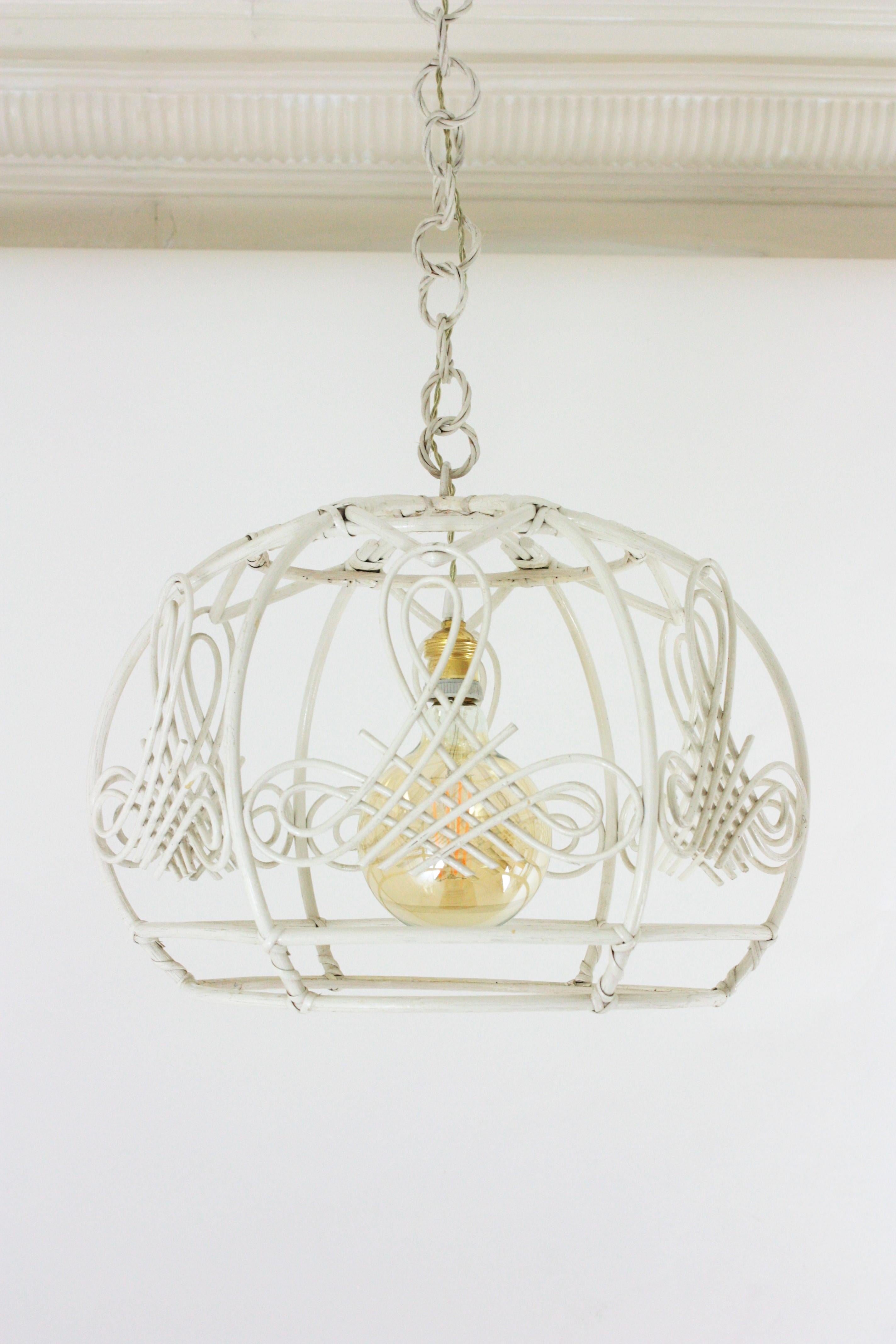 French Rattan Bell Pendant Lamp / Lantern in White Patina, 1960s For Sale 8