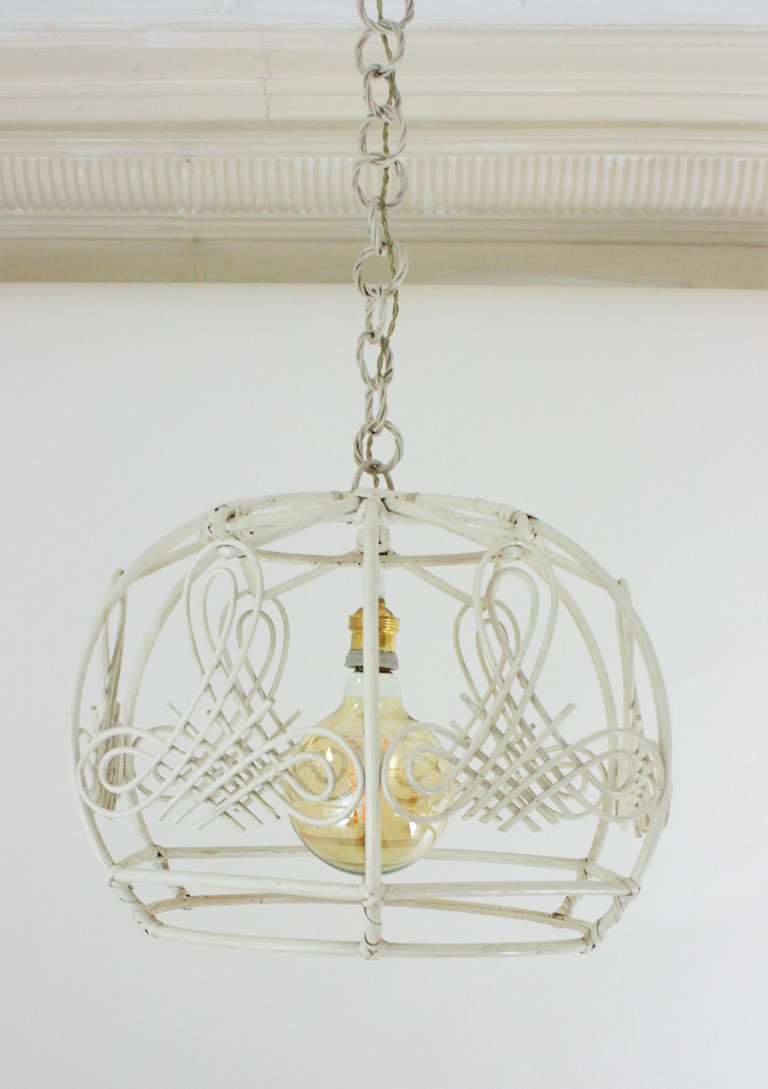 French Rattan Bell Pendant Lamp / Lantern in White Patina, 1960s For Sale 11