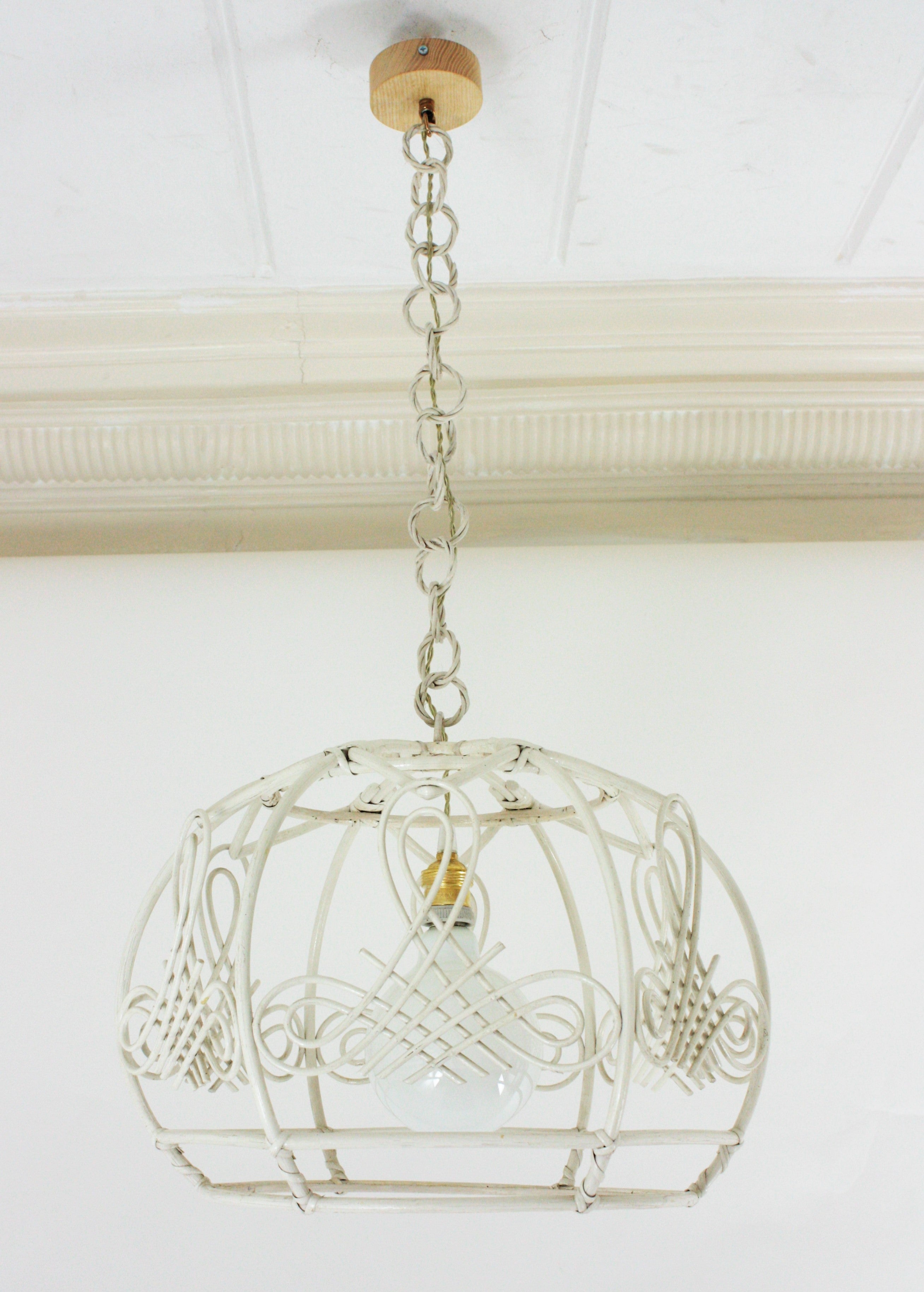 French Rattan Bell Pendant Lamp / Lantern in White Patina, 1960s For ...