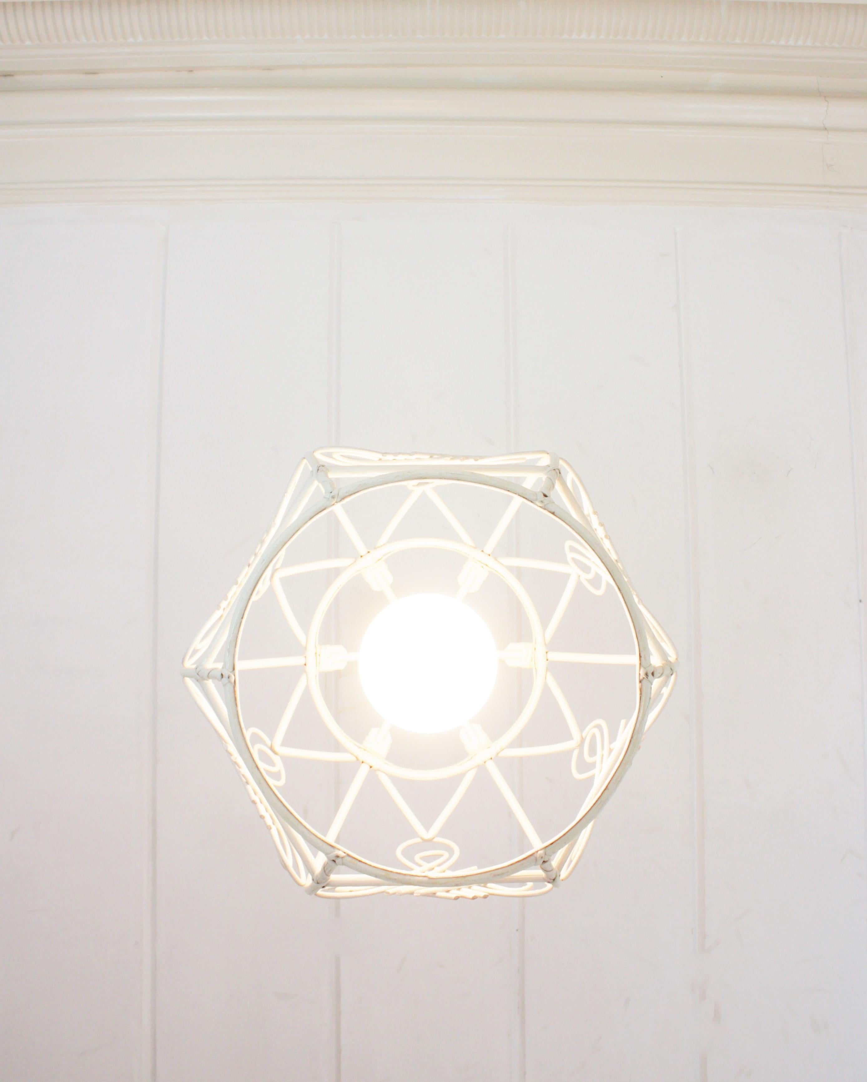 French Rattan Bell Pendant Lamp / Lantern in White Patina, 1960s For Sale 13