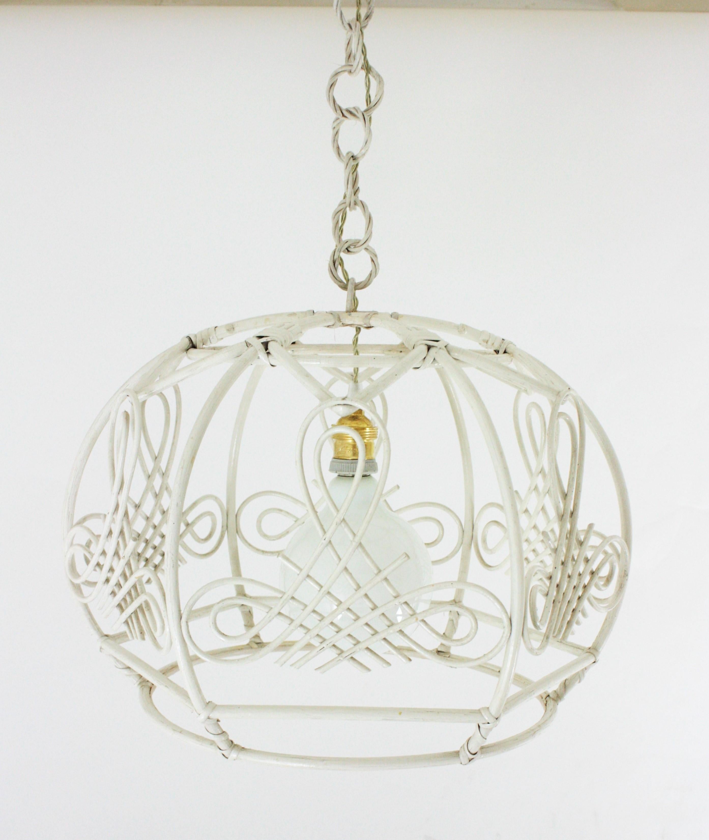 Hand-Crafted French Rattan Bell Pendant Lamp / Lantern in White Patina, 1960s For Sale