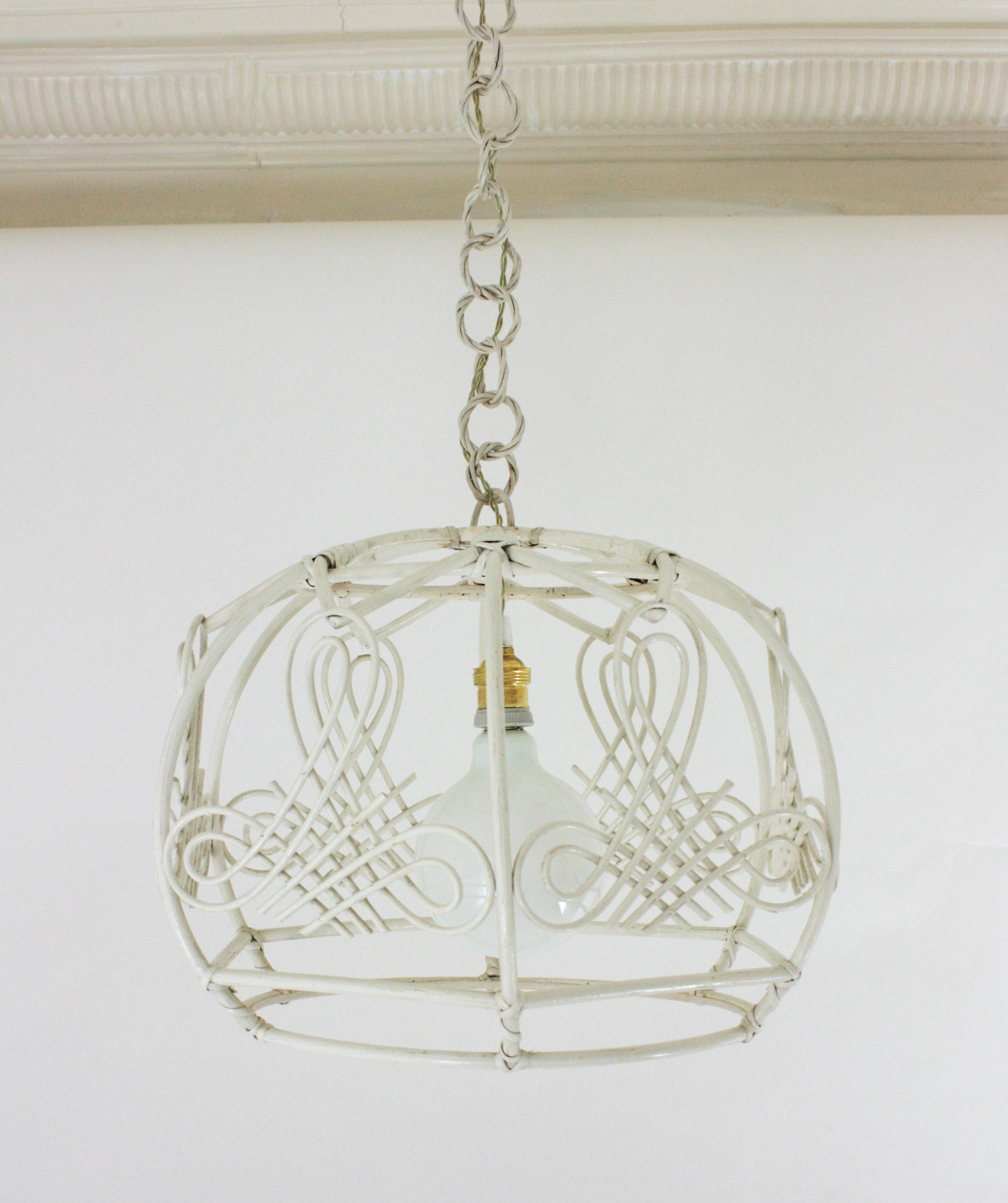 20th Century French Rattan Bell Pendant Lamp / Lantern in White Patina, 1960s For Sale
