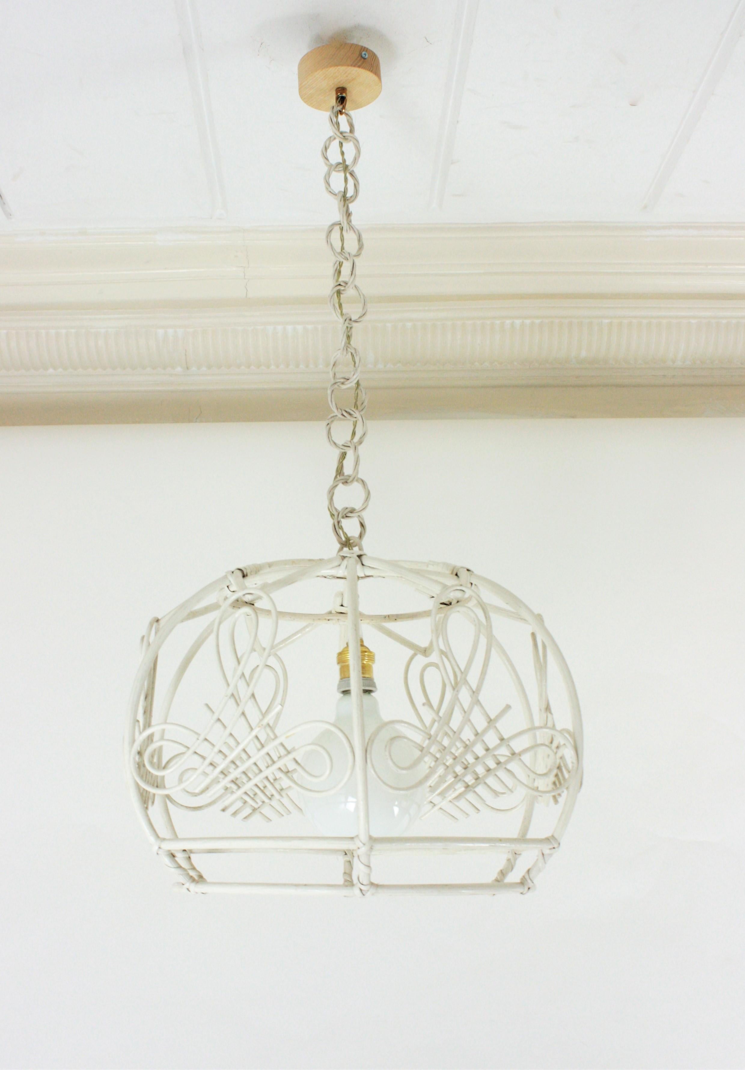 Bamboo French Rattan Bell Pendant Lamp / Lantern in White Patina, 1960s For Sale