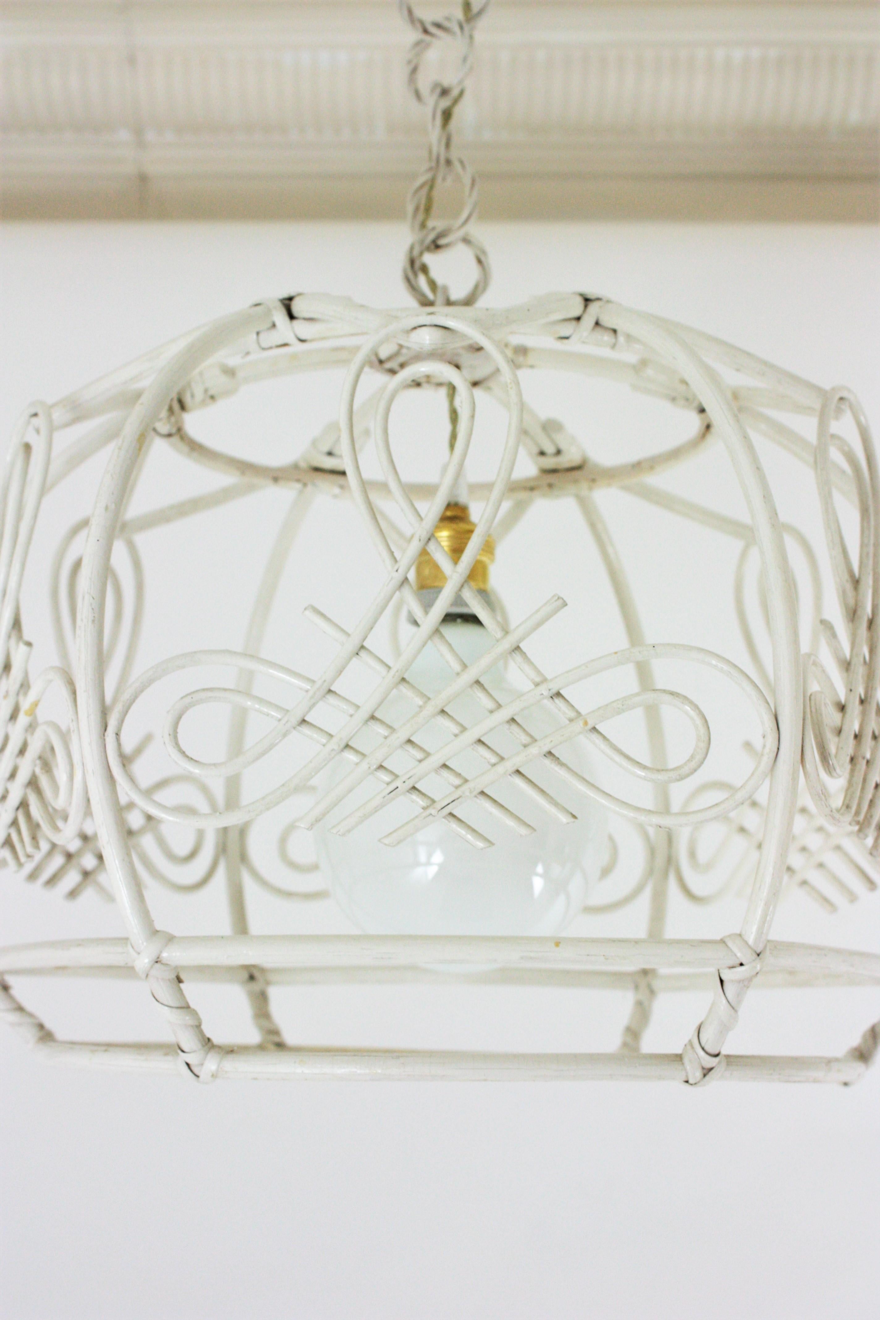 French Rattan Bell Pendant Lamp / Lantern in White Patina, 1960s For Sale 2