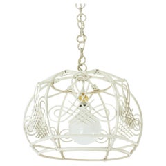 French Rattan Bell Pendant Lamp / Lantern Patinated in White