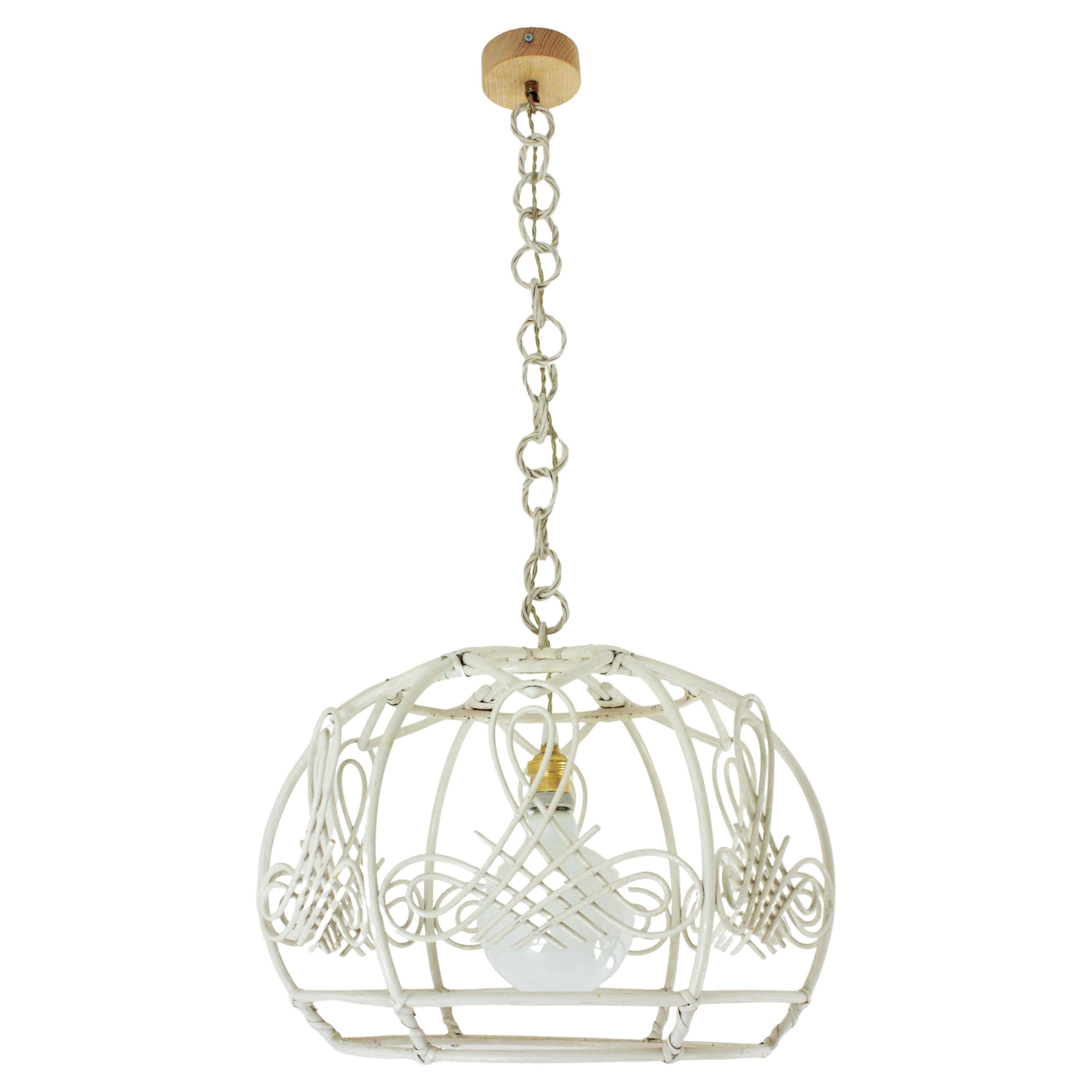 French Rattan Bell Pendant Lamp / Lantern Patinated in White