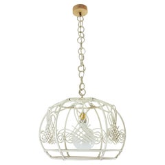 French Rattan Bell Pendant Lamp / Lantern Patinated in White