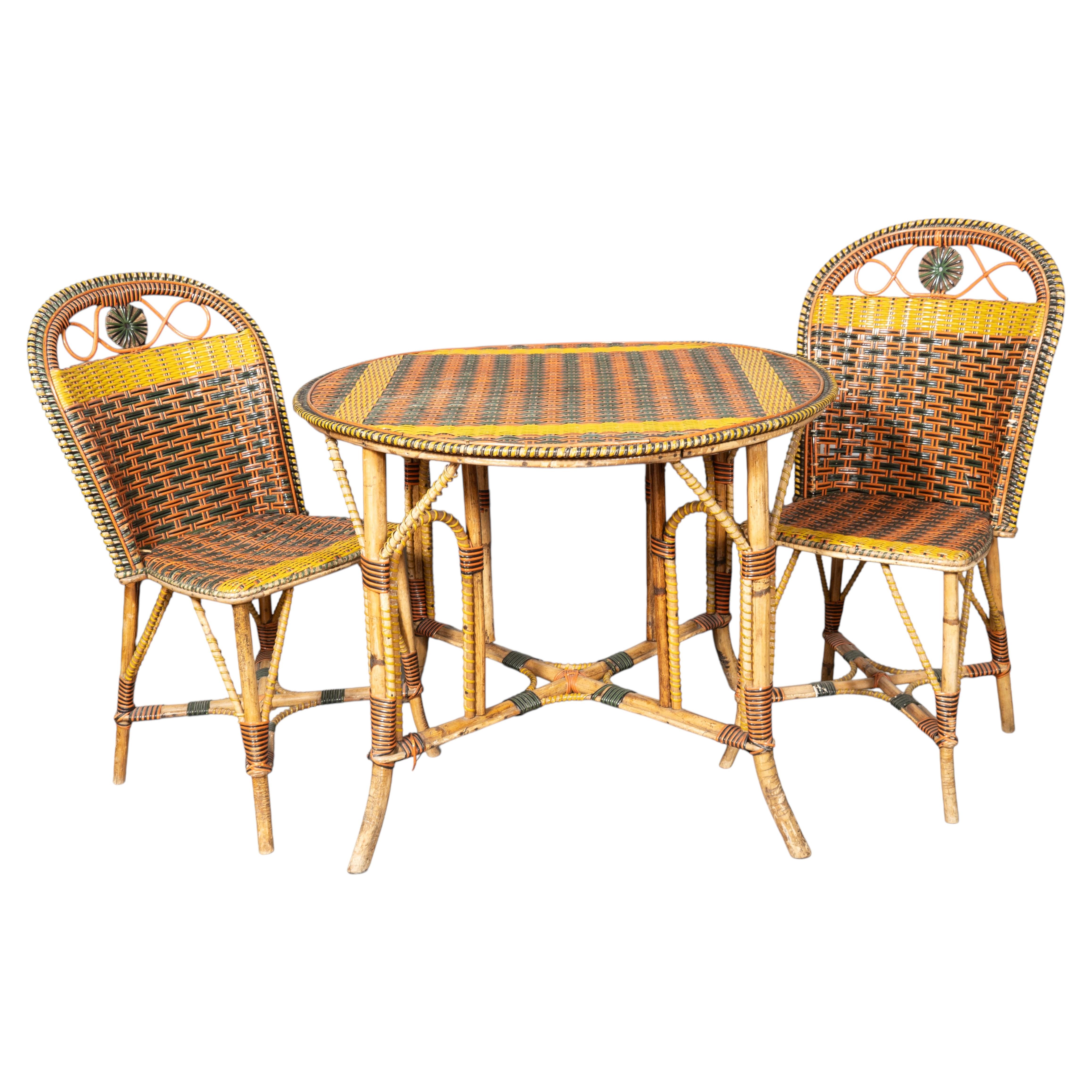 French Rattan Bistro Table And Pair Of Side Chairs