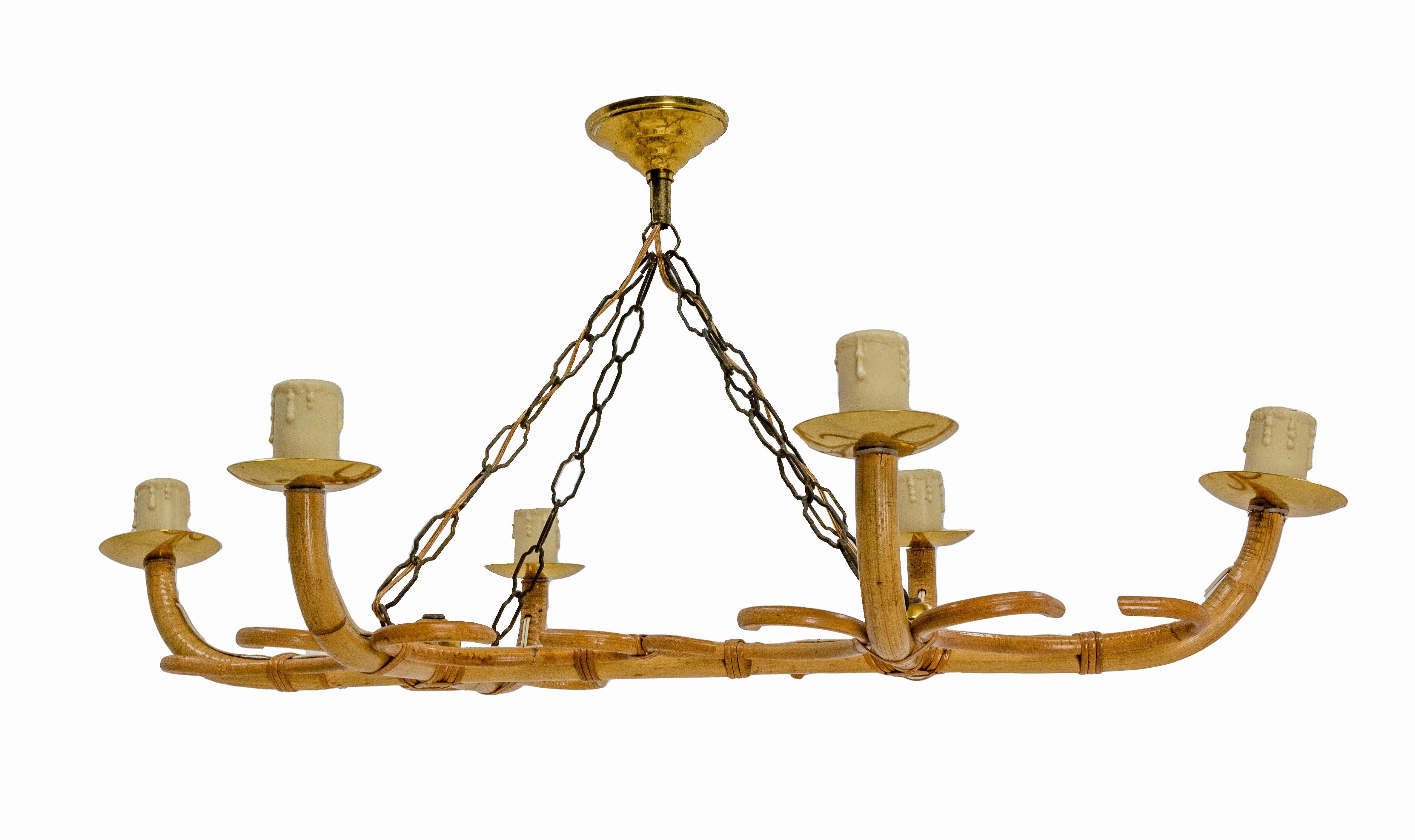 Spanish French Rattan Chandelier Ceiling Pendant Lustre Six Lights, circa 1960 For Sale