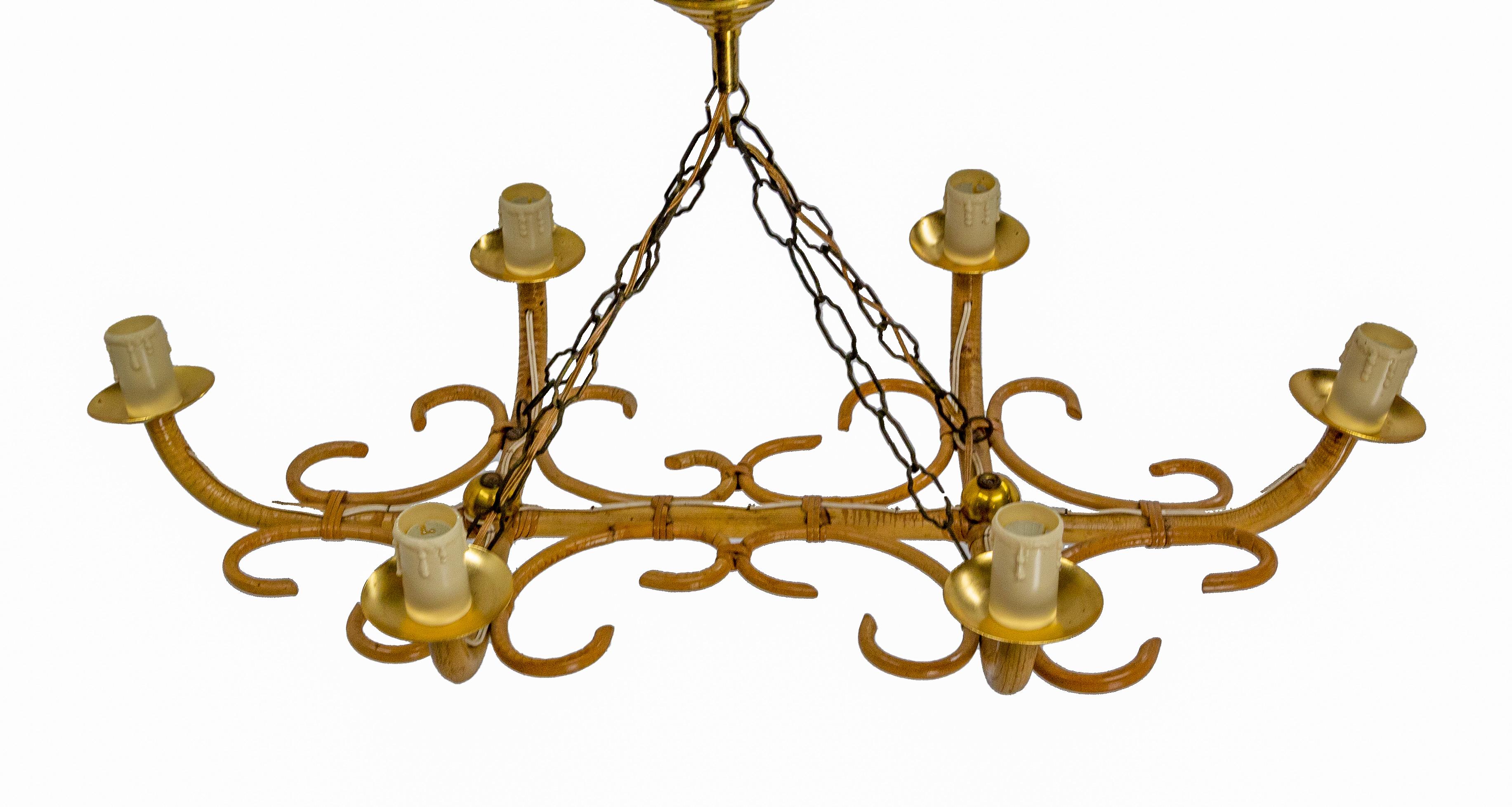 French Rattan Chandelier Ceiling Pendant Lustre Six Lights, circa 1960 In Good Condition For Sale In Labrit, Landes