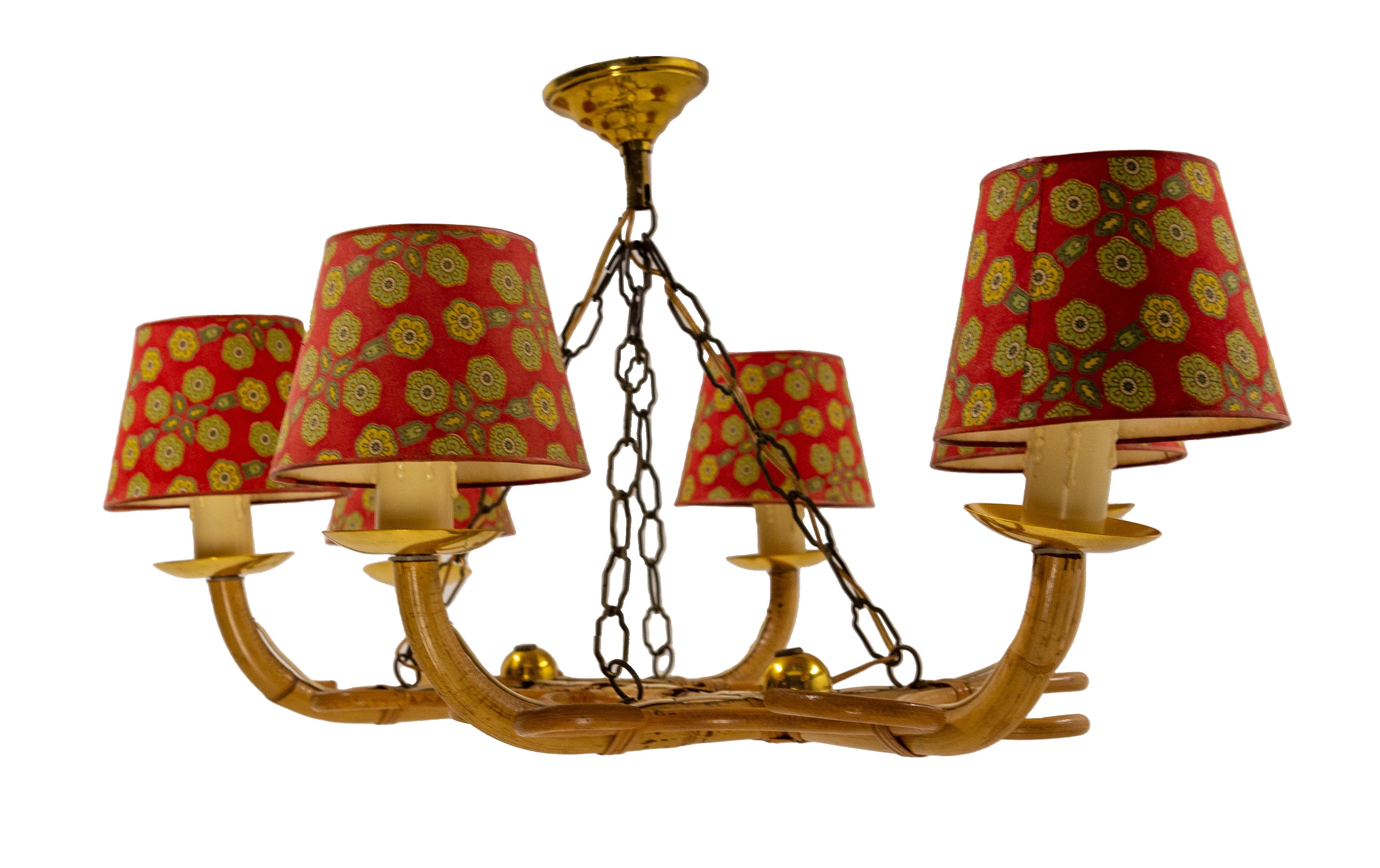 20th Century French Rattan Chandelier Ceiling Pendant Lustre Six Lights, circa 1960 For Sale