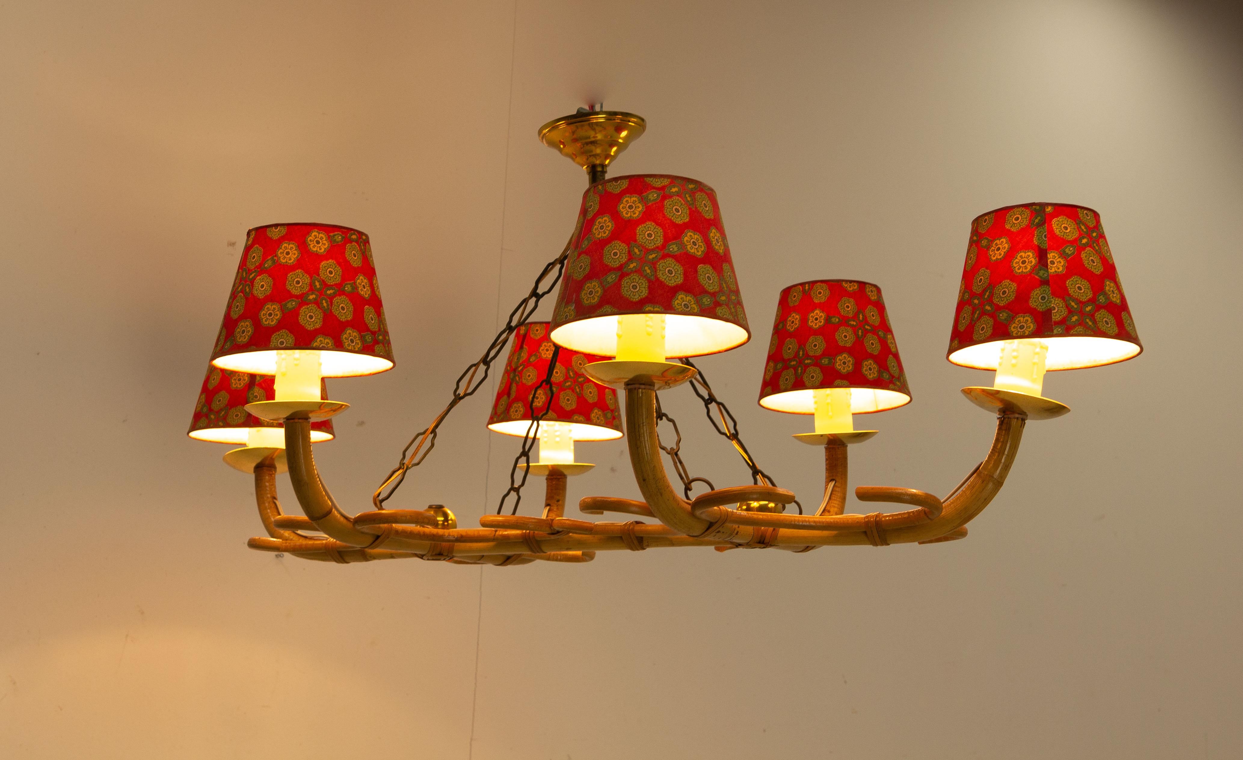 French Rattan Chandelier Ceiling Pendant Lustre Six Lights, circa 1960 For Sale 1