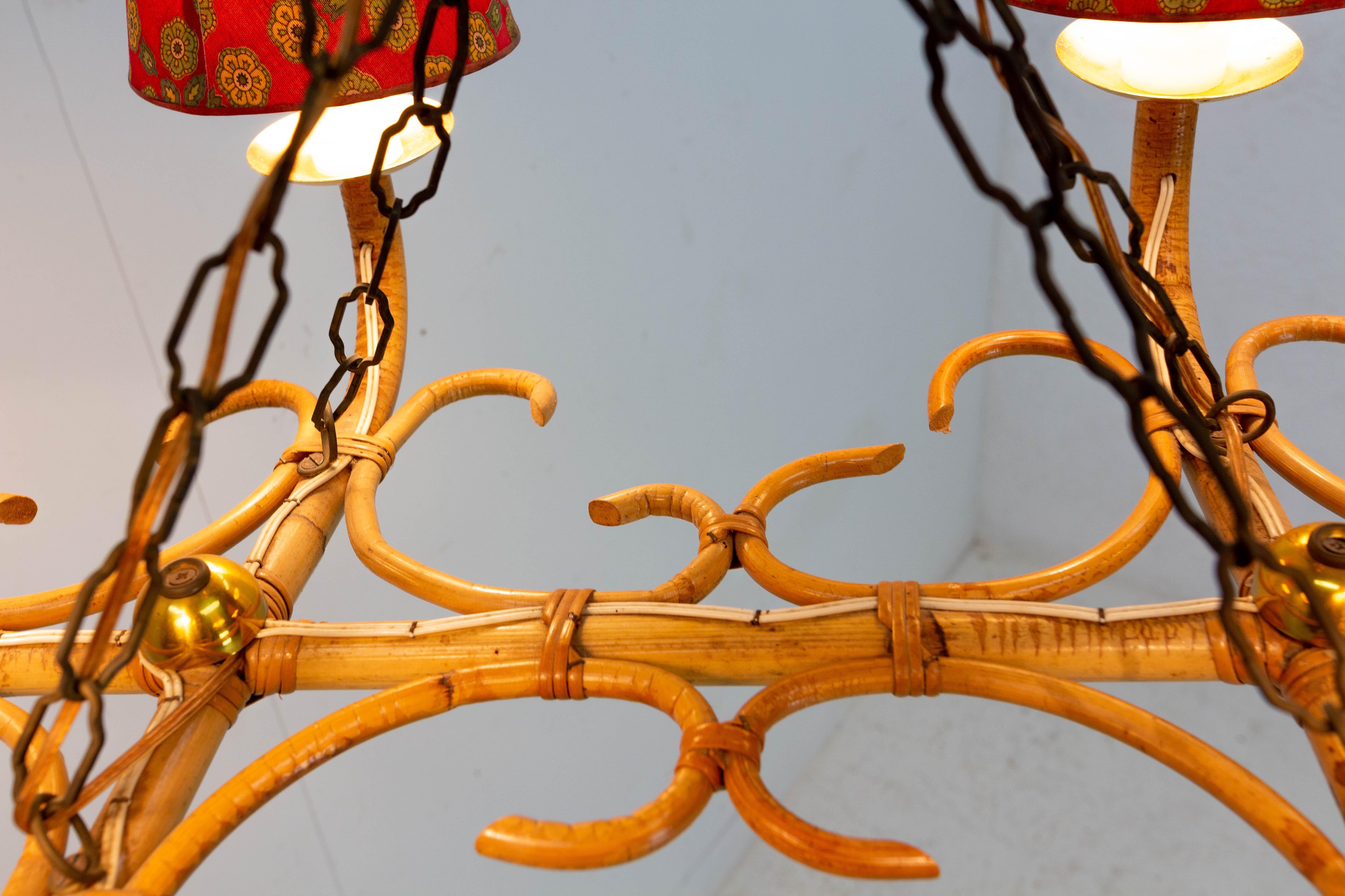 French Rattan Chandelier Ceiling Pendant Lustre Six Lights, circa 1960 For Sale 2