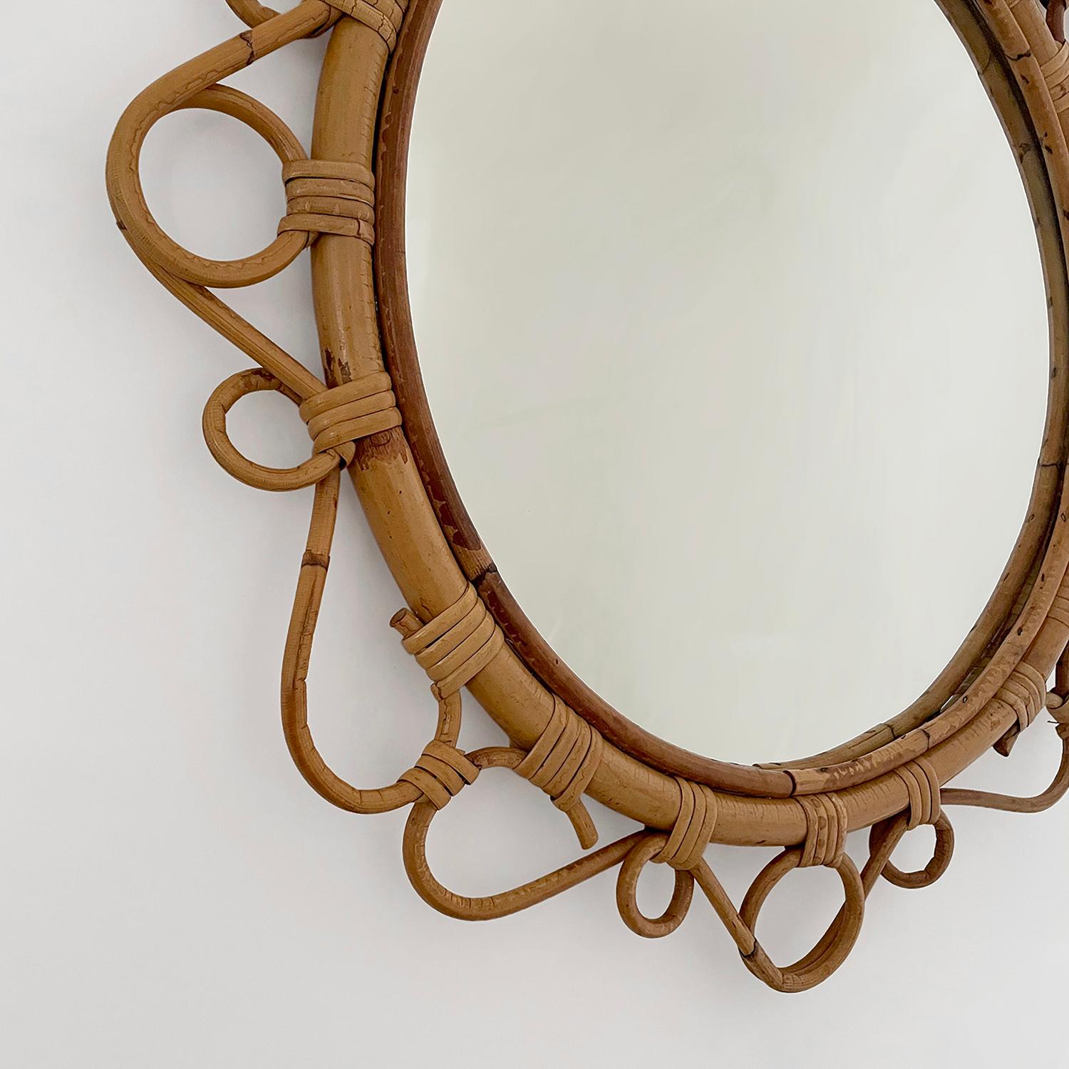French Rattan Circular Wall Mirror For Sale 1
