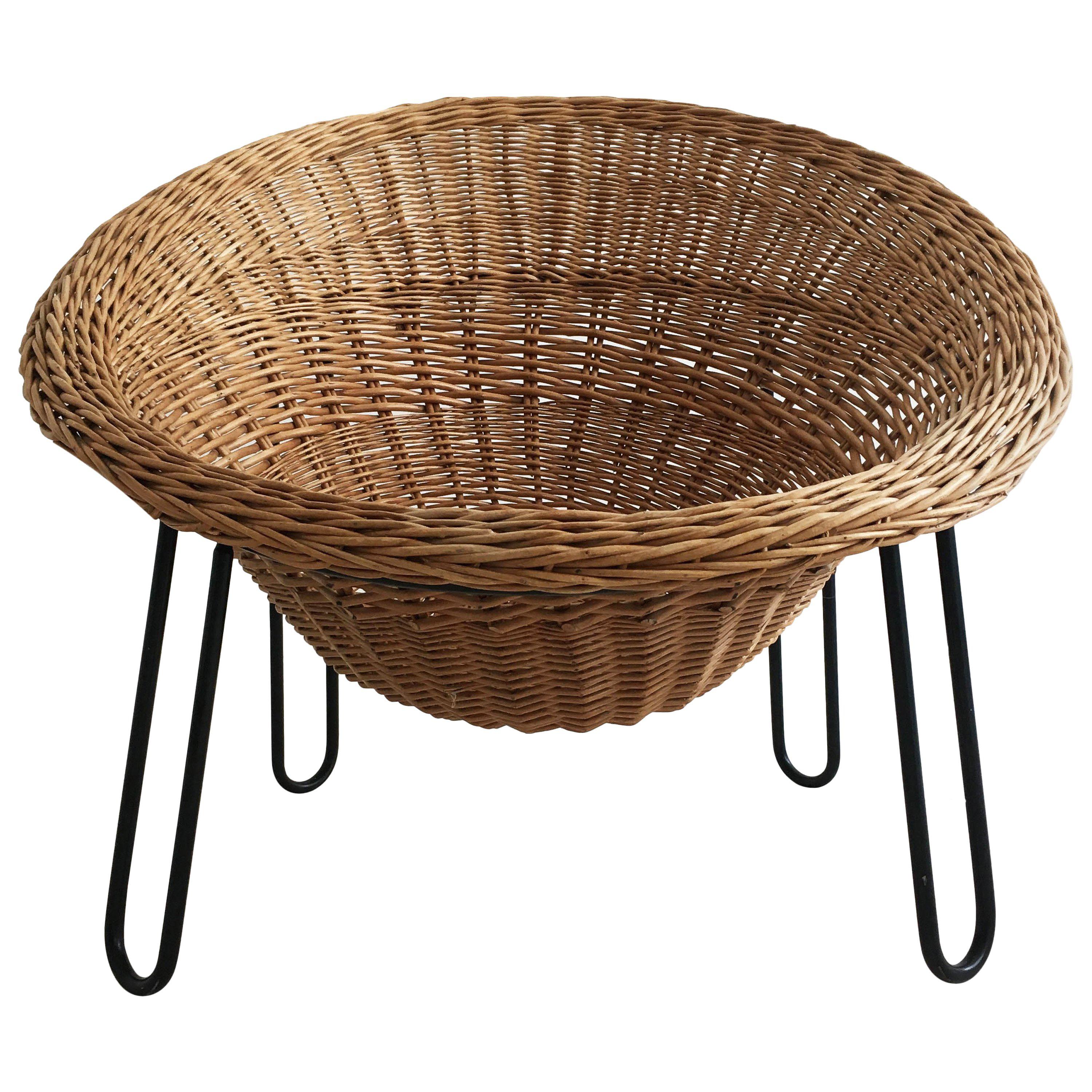 French Rattan Cone Basket Lounge Chair, France, 1950s For Sale