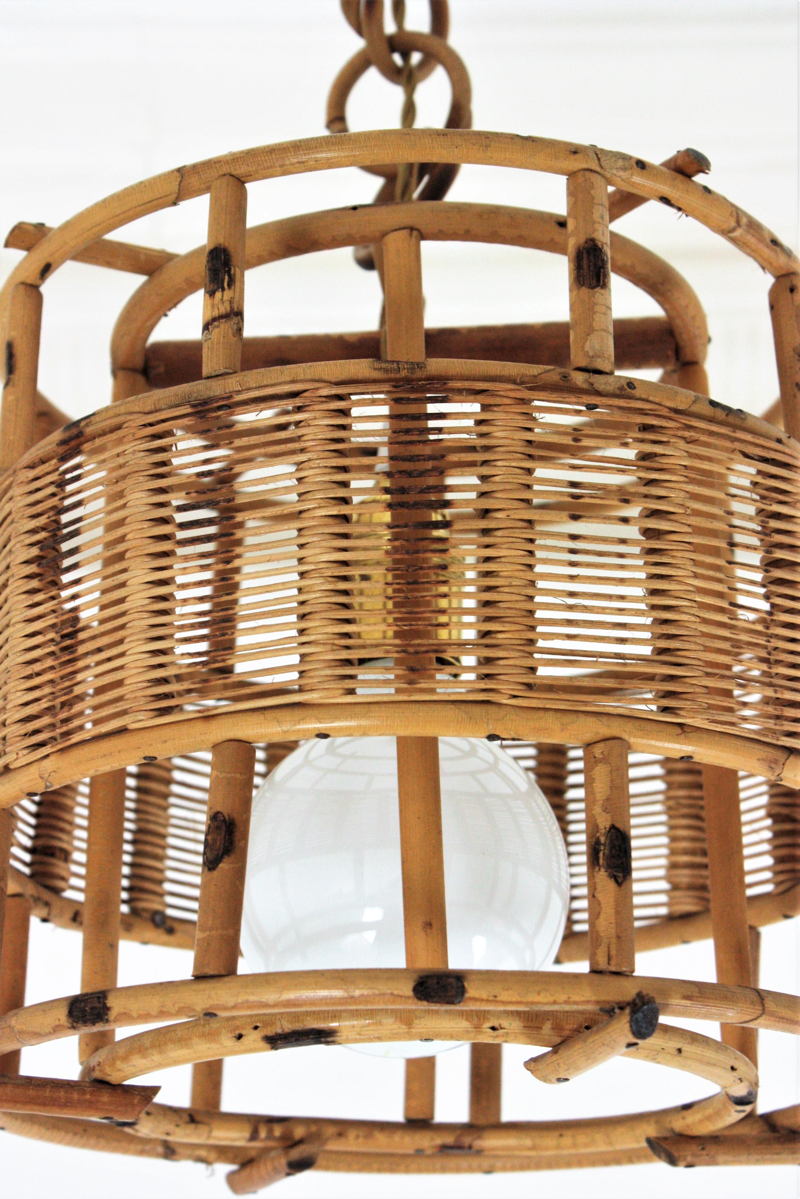 French Rattan Cylinder Pendant Light or Lantern, 1950s For Sale 3