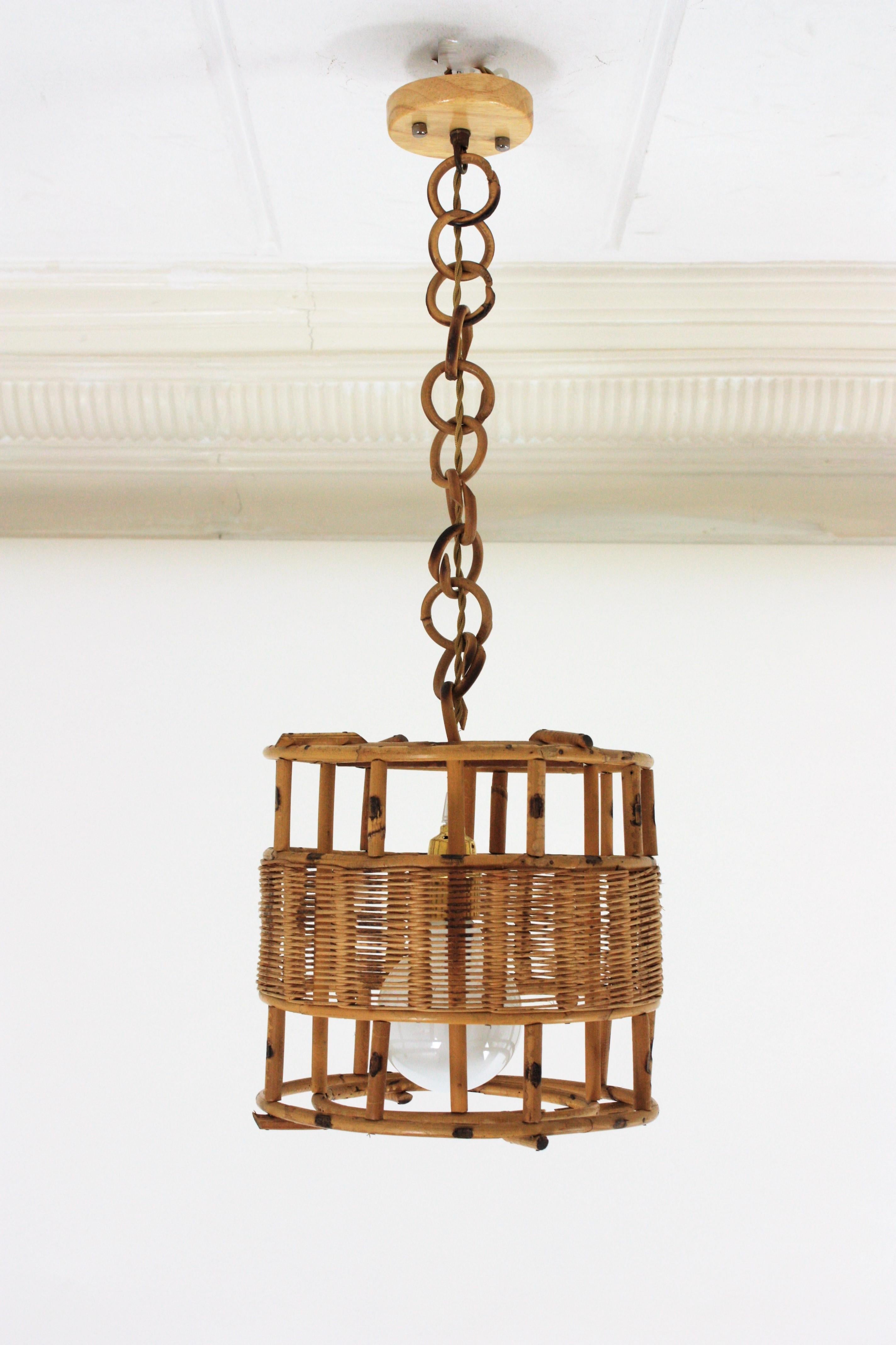 French Rattan Cylinder Pendant Light or Lantern, 1950s For Sale 4