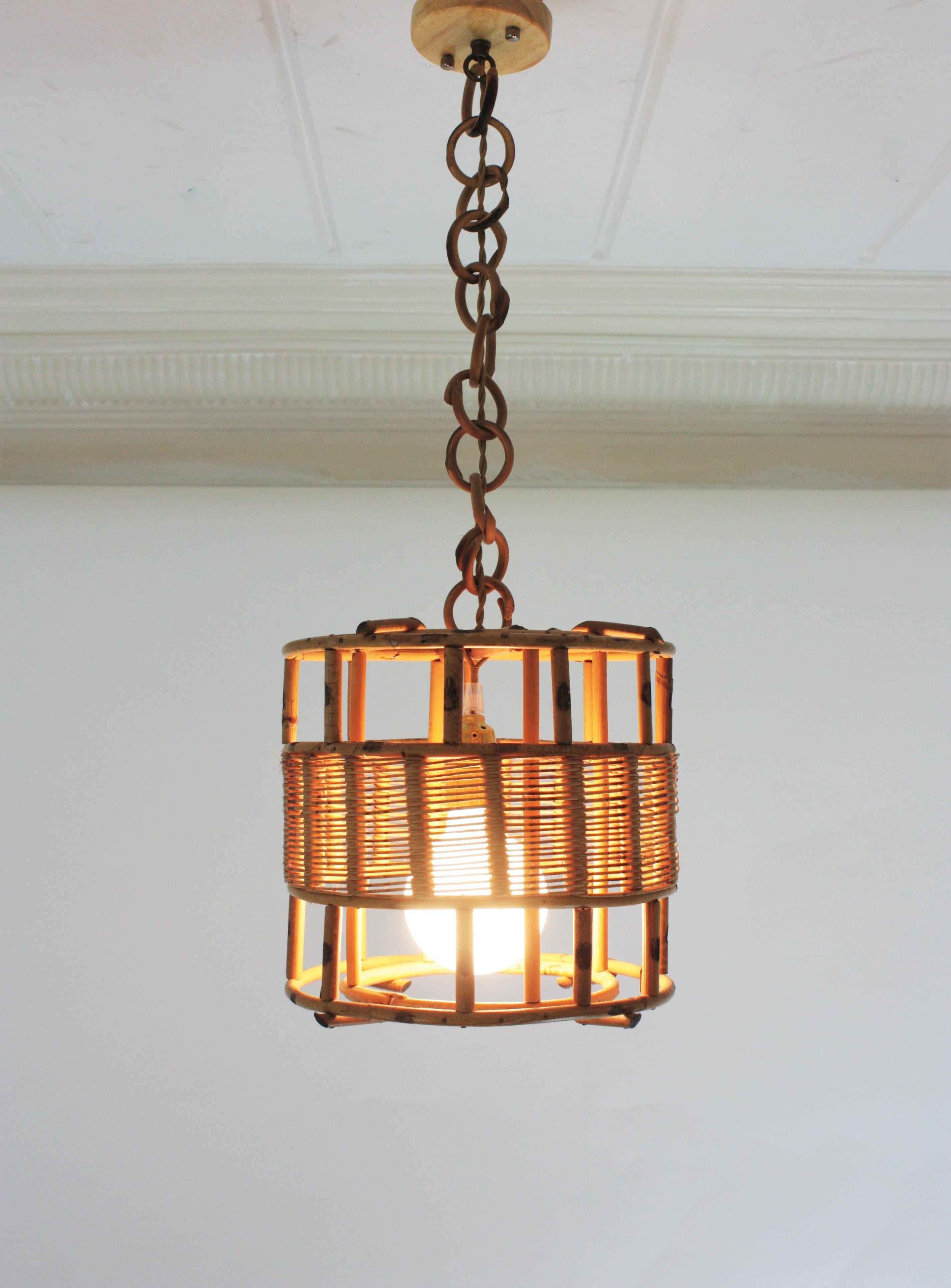 French Rattan Cylinder Pendant Light or Lantern, 1950s For Sale 7