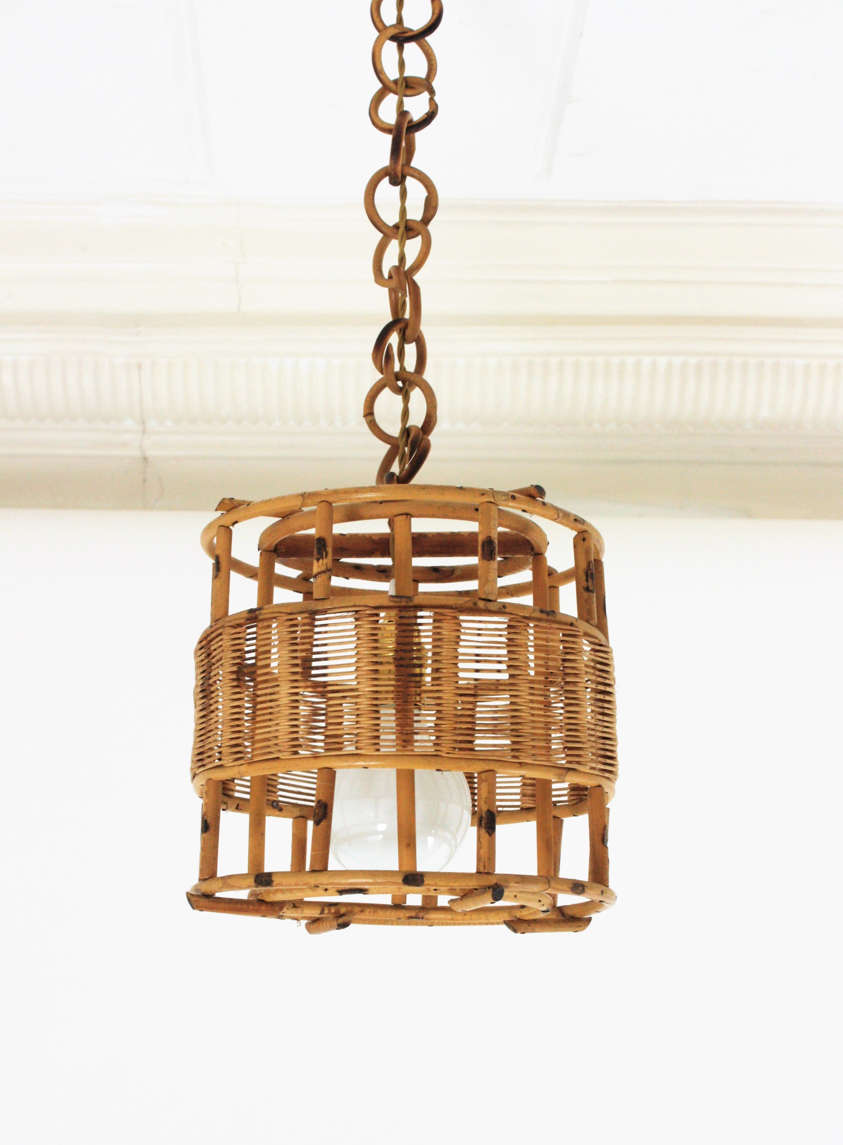 Mid-Century Modern French Rattan Cylinder Pendant Light or Lantern, 1950s For Sale